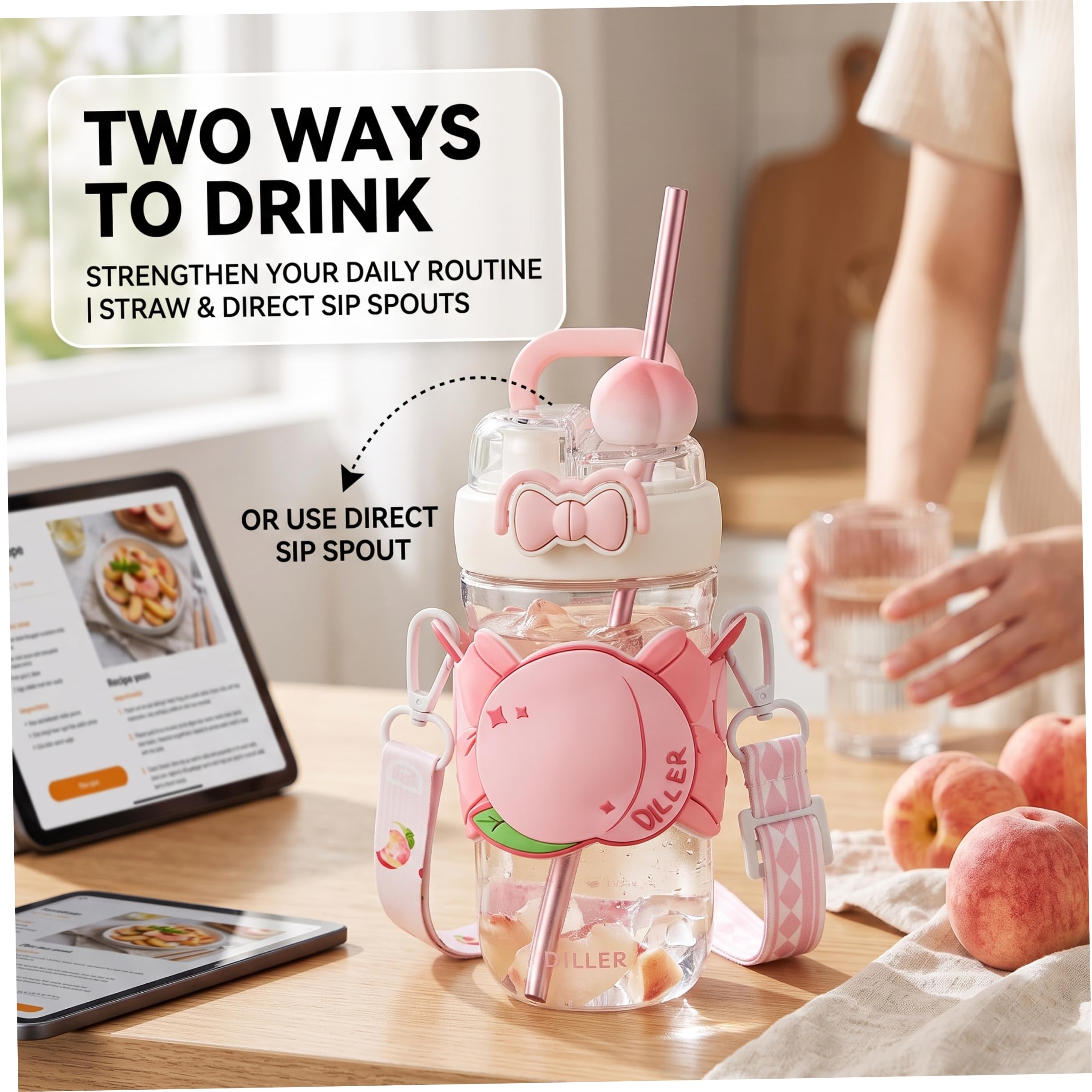 Botellas de Agua para niños Botella de Agua Kawaii de 580 ml con Tapa Doble para Beber y Correa Ajustable Funda de melocotón Lindo Vaso Estilo 1
