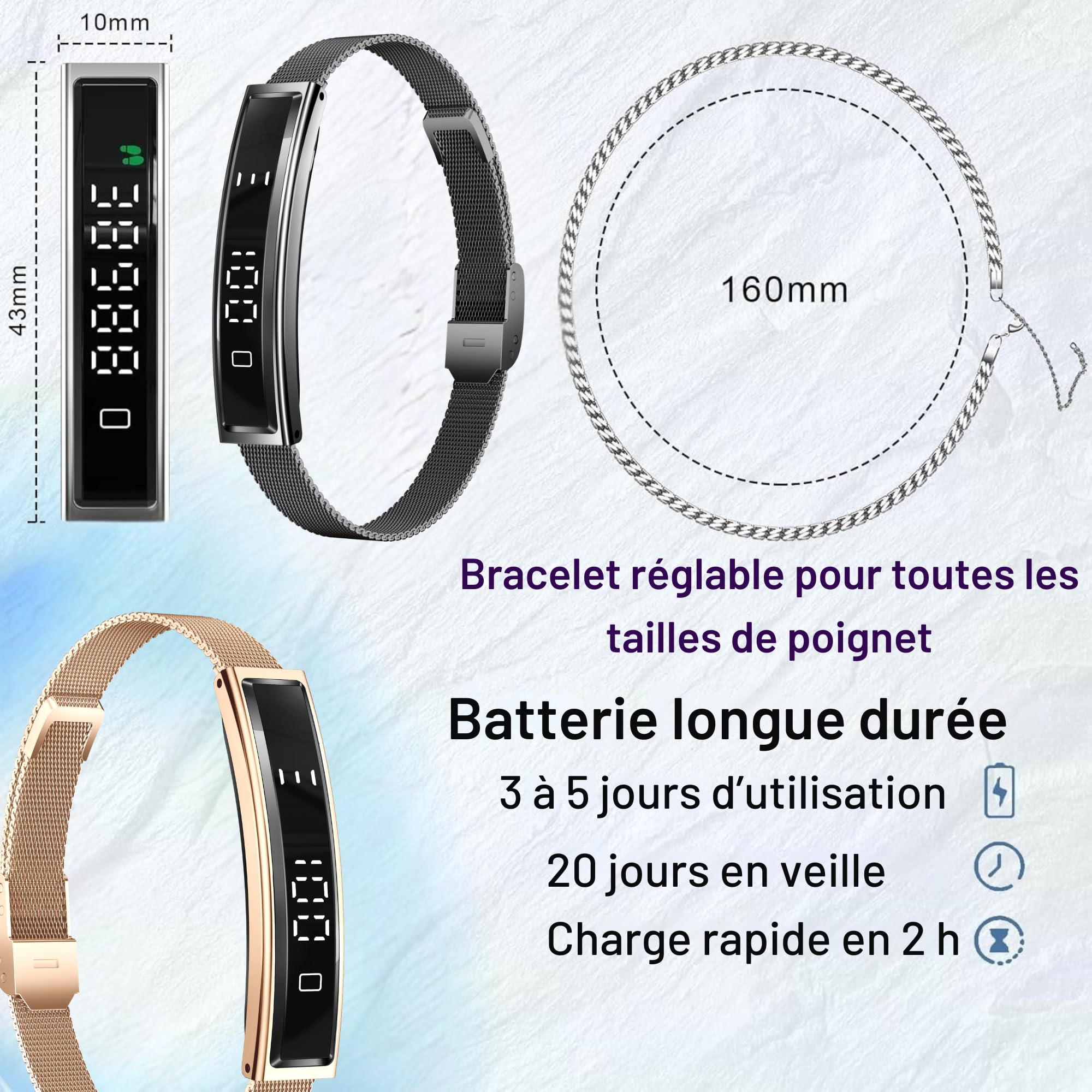 smartia Bracelet intelligent ultra fin avec Bluetooth, modèle 2026, tracker d'activité et de sommeil, suivi intégral de votre santé, bracelet avec écran tactile