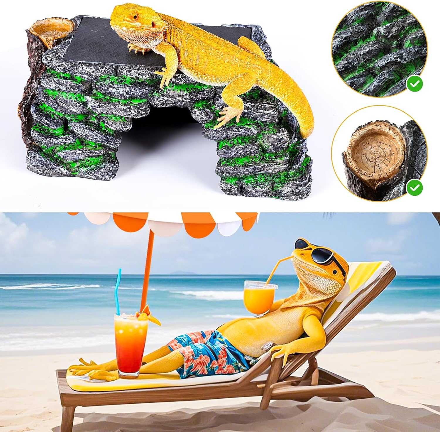 3 in 1 Large Bearded Dragon Basking Platform 13.4x7.1x5.3 in Scape Step Ledge Cave Hideout Natural Rock Reptile Food Bowl Reptile Tank Accessories for Lizard, Geckos, Ball Pythons, Tortoise