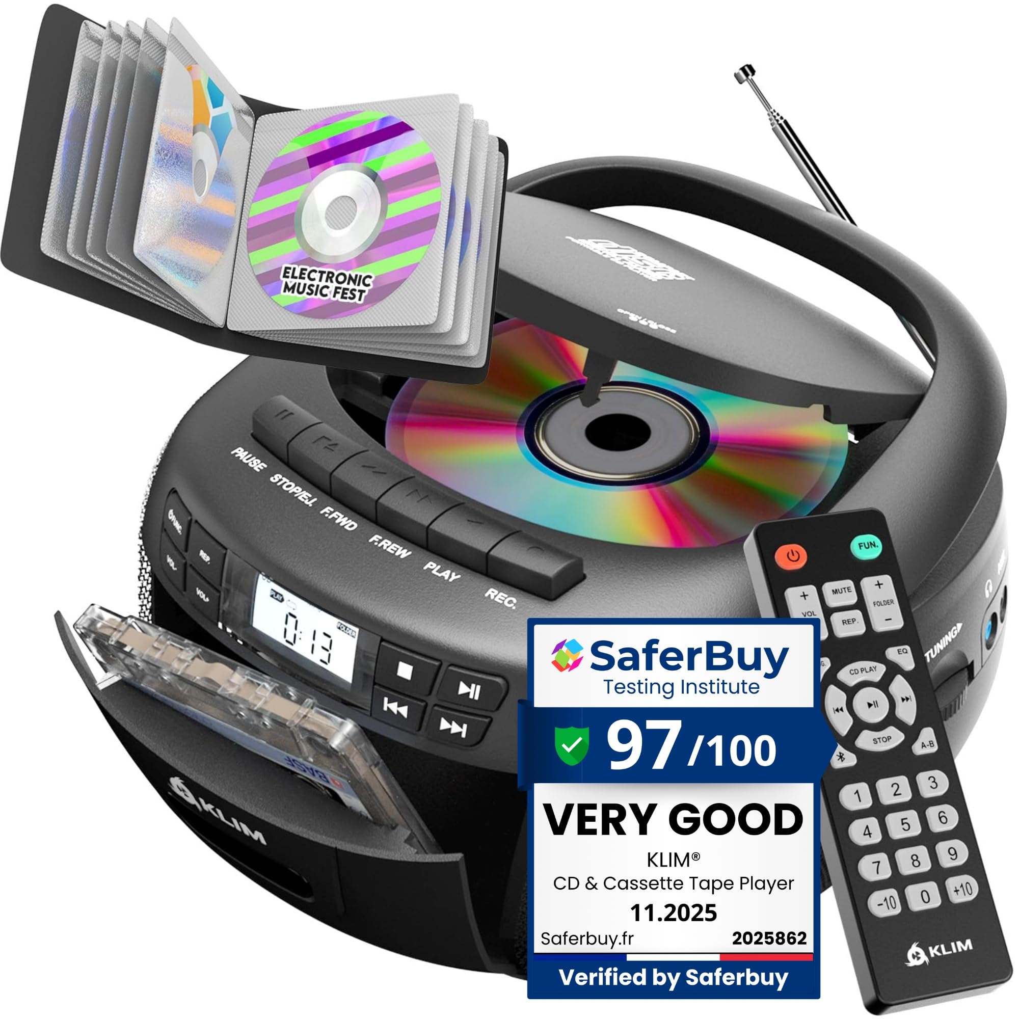KLIM CD Player & Cassette Tape Player with Case, Bluetooth Boombox, AM/FM Radio, Stereo Sound, Remote, CD and Cassette Combo, Tape Recording, USB Drive, AUX, AC/DC Powered-image-8