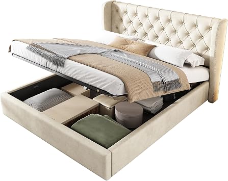 BTM Upholstered Bed Frame 135 * 190cm, Velvet Double Bed with Storage, Double Bed Frame with Headboard (No Mattress, Velvet)