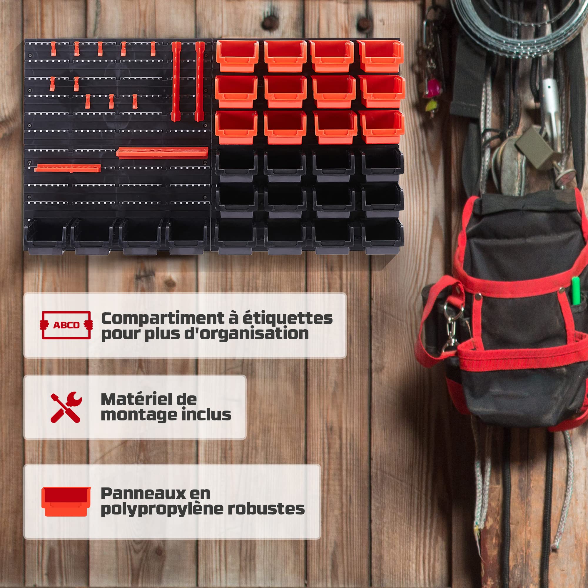 AREBOS Lot de 46 piéces de Rangement empilables | Rouge | Noir | 4 Panneaux arrières | 28 boîtes empilables | 14 Porte-Outils | Matériel de Fixation Inclus | Amovible et empilable