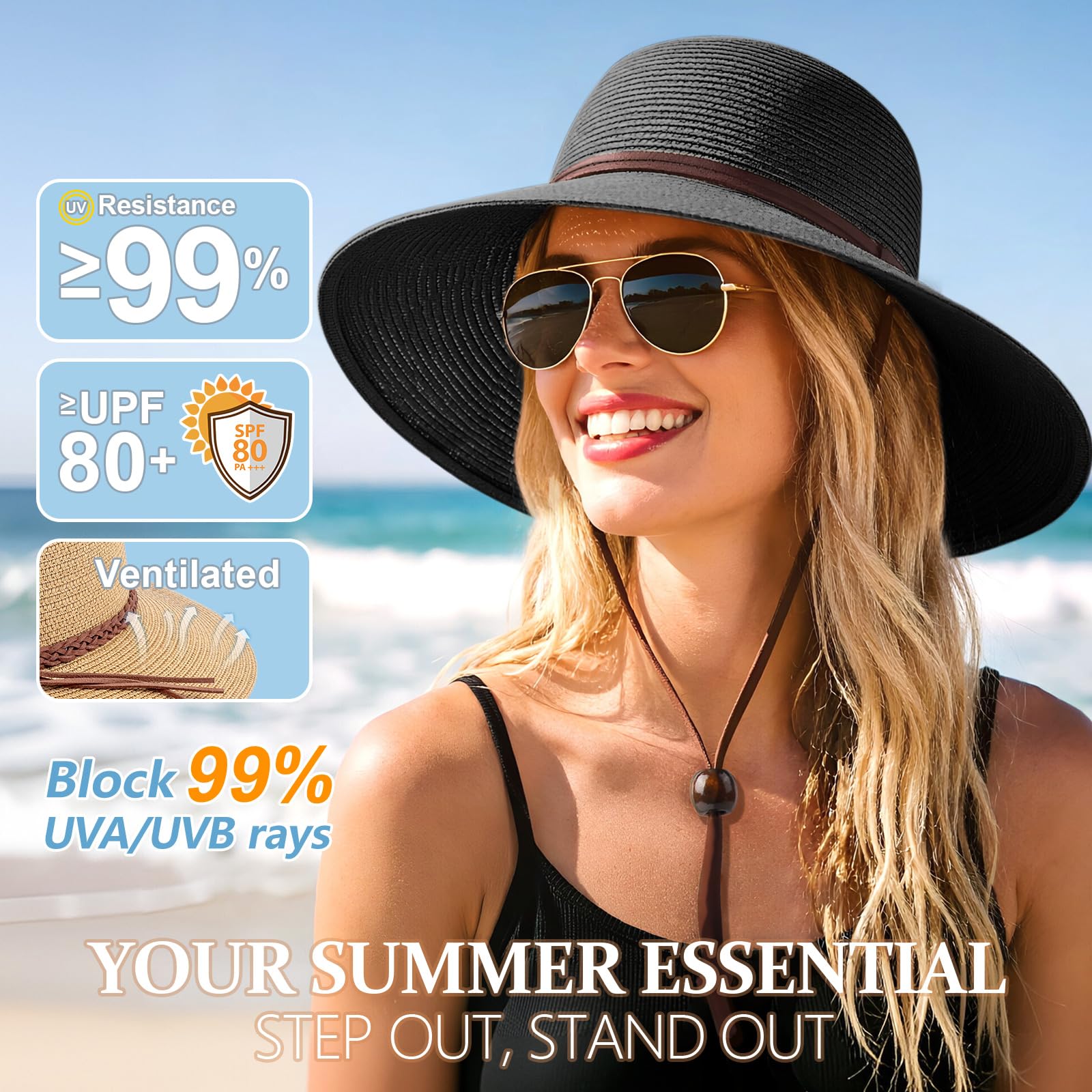 DRESHOW Femme Homme Chapeau de Paille Panama Unisexe Chapeau Été Large Bord Chapeau de Soleil Anti-UV Chapeau de Soleil