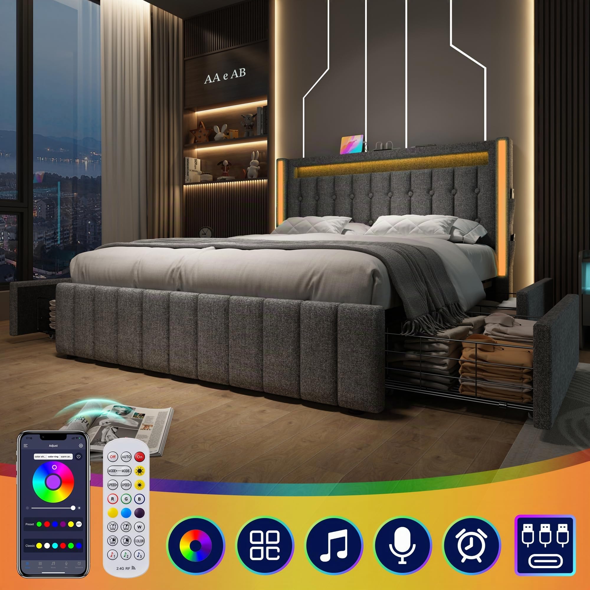 Rtopsu Letto Imbottito Letto Matrimoniale 140x200 cm con LED e USB Typ C Testata, Letti con 4 Cassetti, Struttura del Letti con Metallo e Rete a Doghe in Legno, Lino, Grigio, Senza Materasso