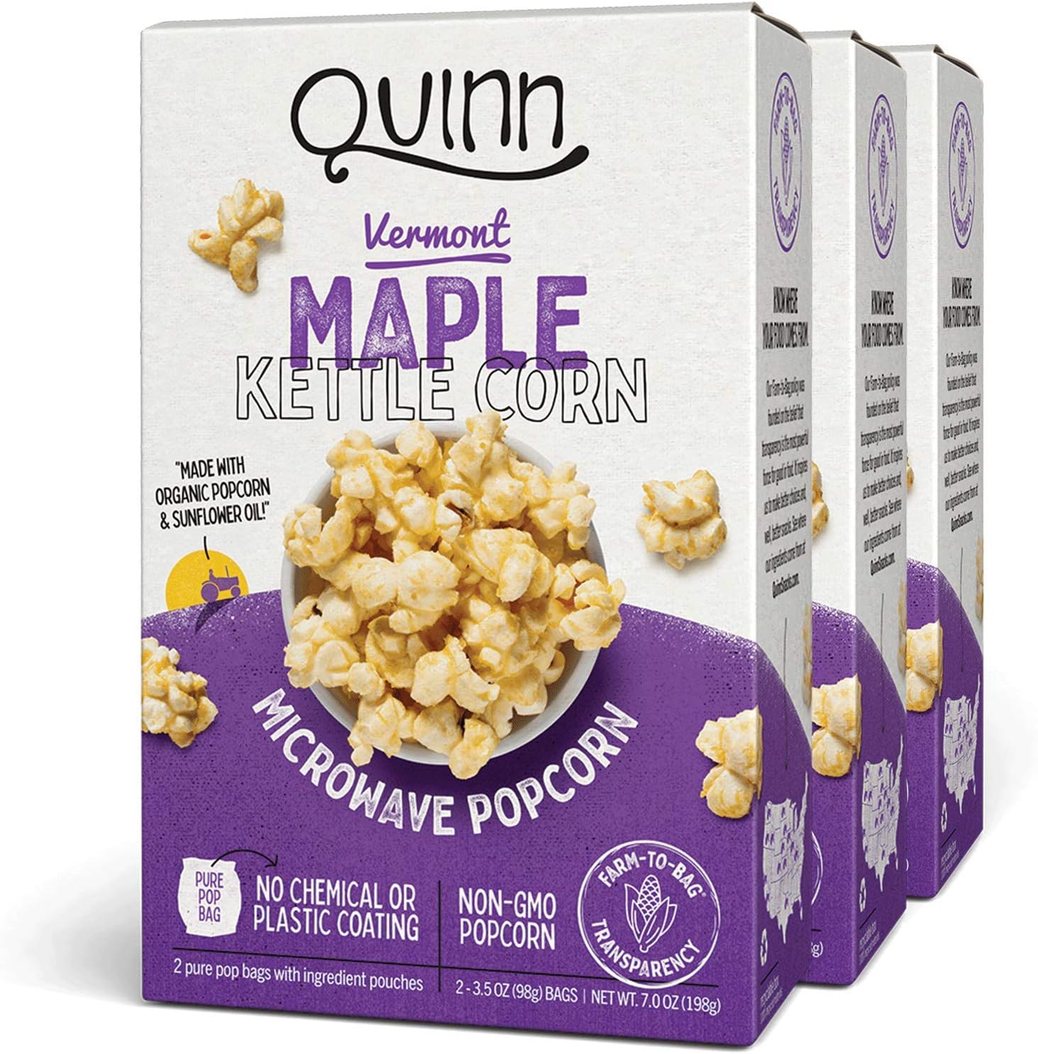 Quinn Snacks Microwave Popcorn - Made with Organic Non-GMO Corn - Maple Kettle Corn, 7 Ounce (Pack of 3)