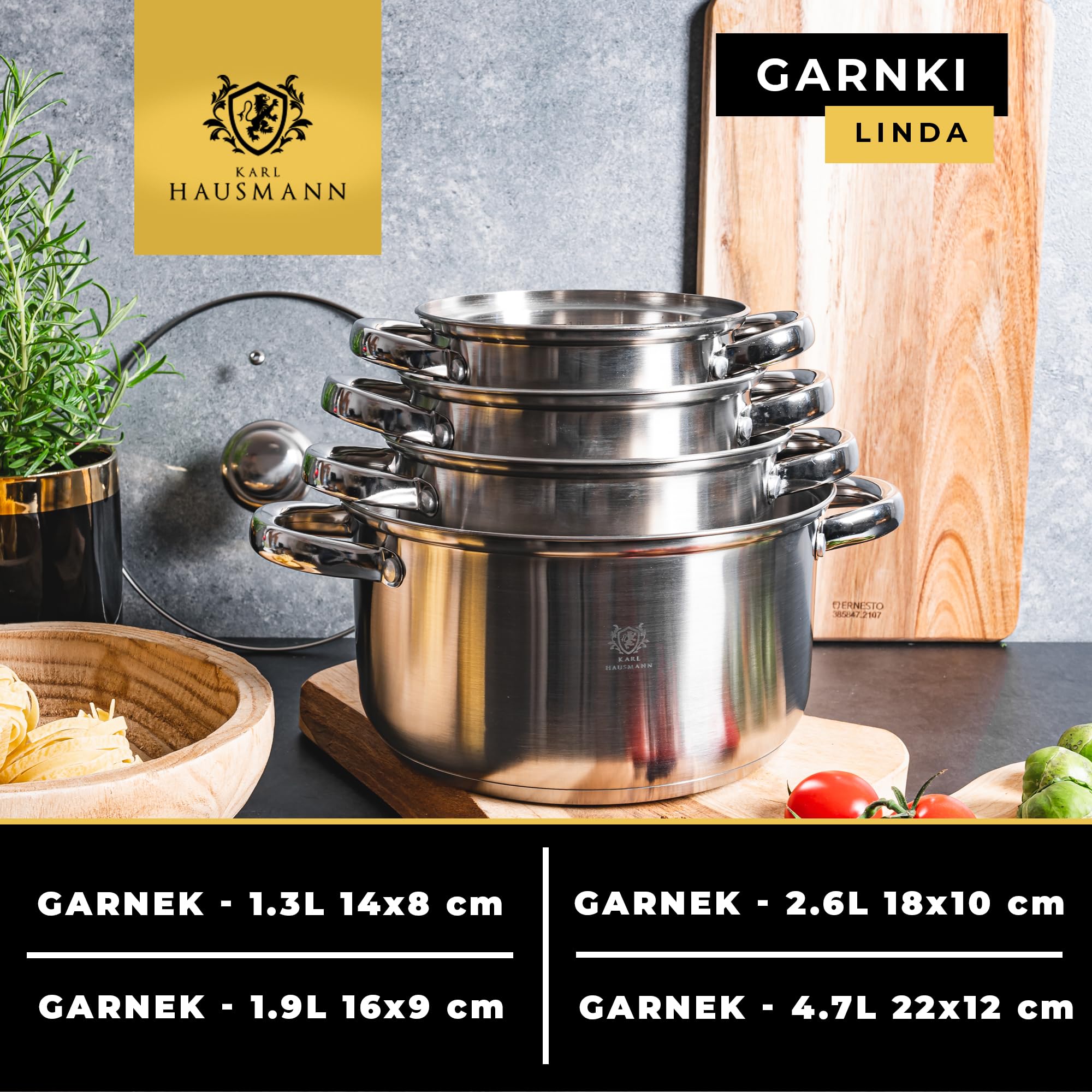 KARL HAUSMANN Zestaw Garnków ze Stali Nierdzewnej 18/0 – 4 Elementy – Garnki z Pokrywkami i Wewnętrzną Miarką – Na Wszystkie Kuchenki, w tym Indukcję - Do Mycia w Zmywarce - kuchenka gazowa