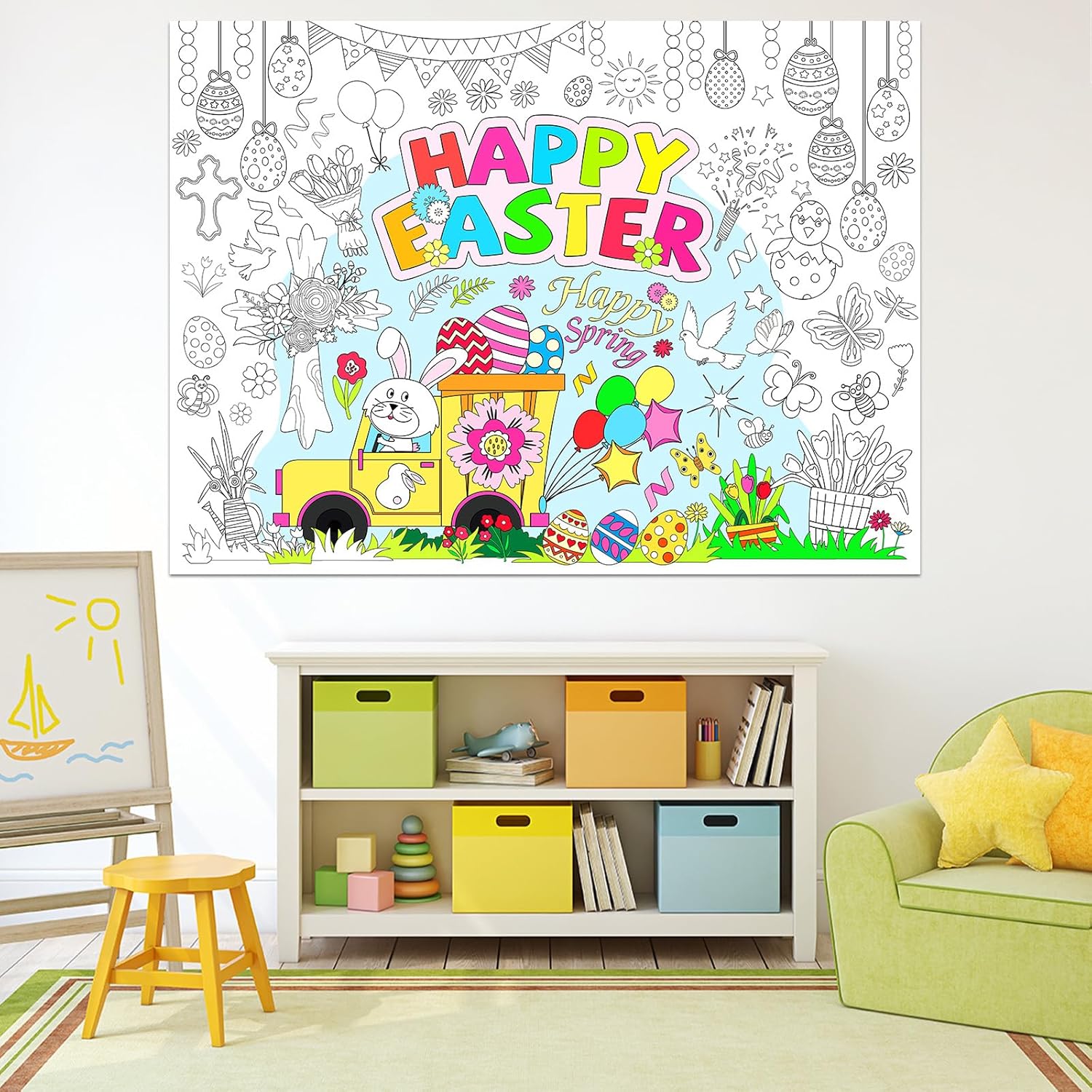 Easter Coloring Poster for Happy Easter Day Giant Coloring Poster Large Coloring Tablecloth Huge Table Cover for Home Party Supplies Favor 31.4 x 43.3 Inch