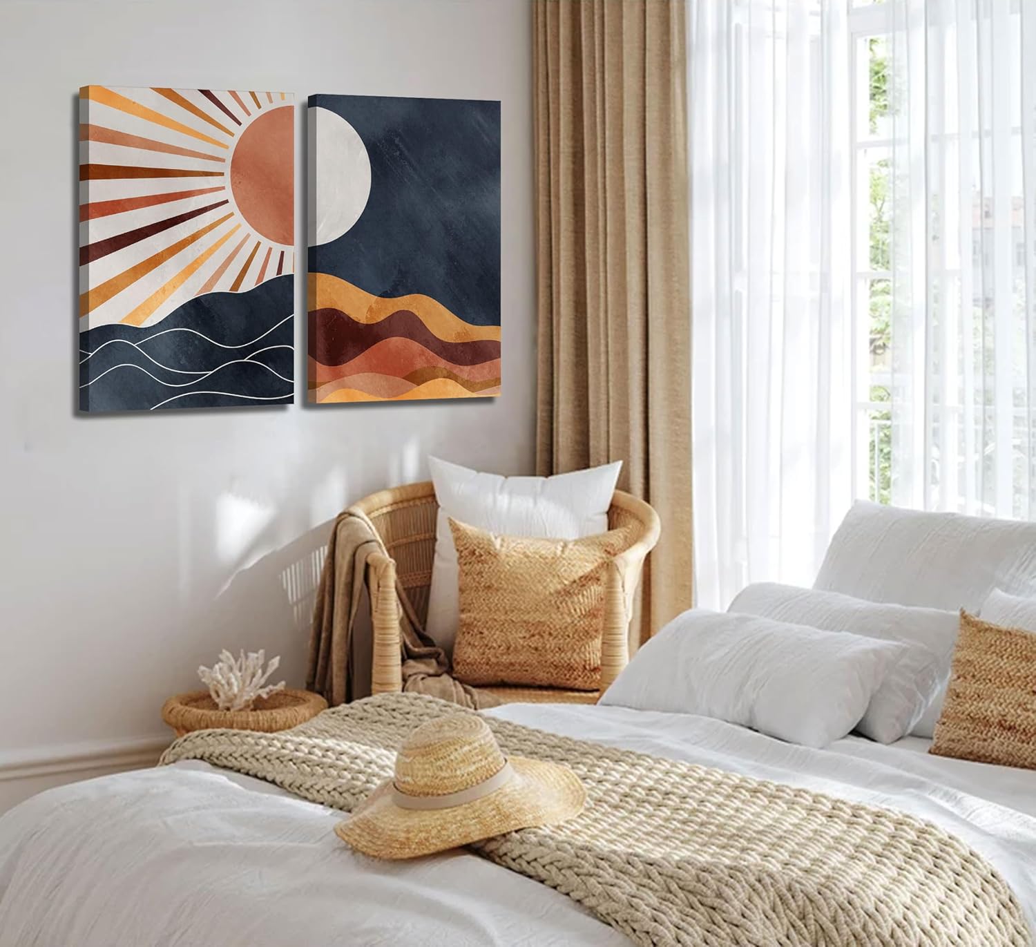 2Pcs Boho Sun and Moon Canvas Wall Art Painting Abstract Mountains Poster Prints Sun and Moon Pictures Medieval Modern Wall Decor for Living Room Bedroom 12x16in Framed