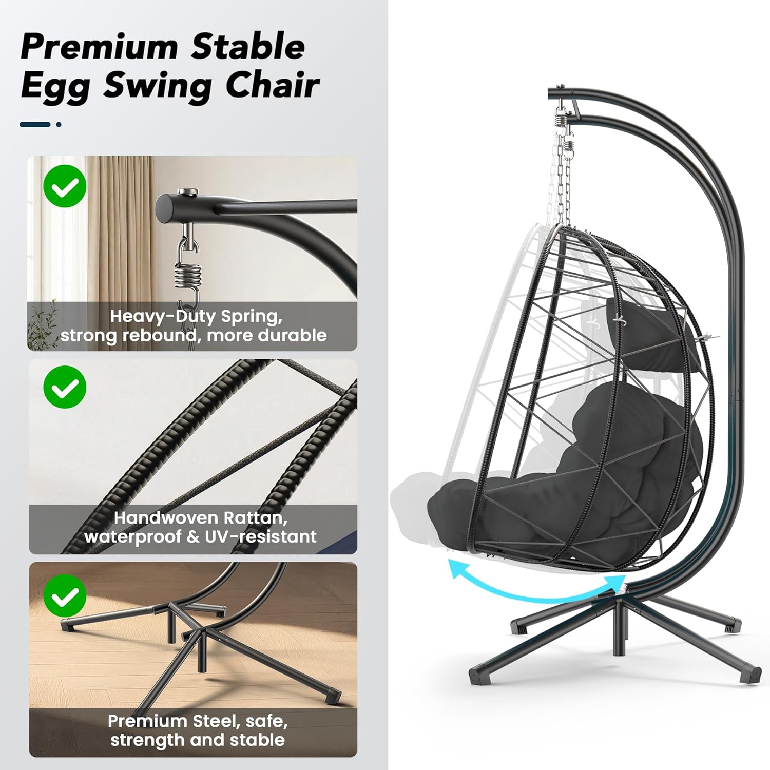 Easyego Double Egg Chair with Stand Hammock Swing Chair 2 Person Outdoor Indoor Hanging Loveseat with UV Resistant Removable Cushion for Patio Living Room-660LBS Capacity, Grey