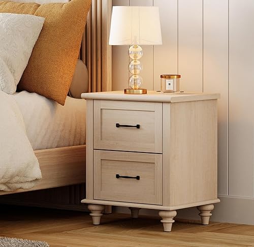 Miniatura 42 de WAMPAT Mesita de noche con estación de carga, mesa auxiliar de granja para sala de estar con 2 cajones, mesita de noche de madera natural para