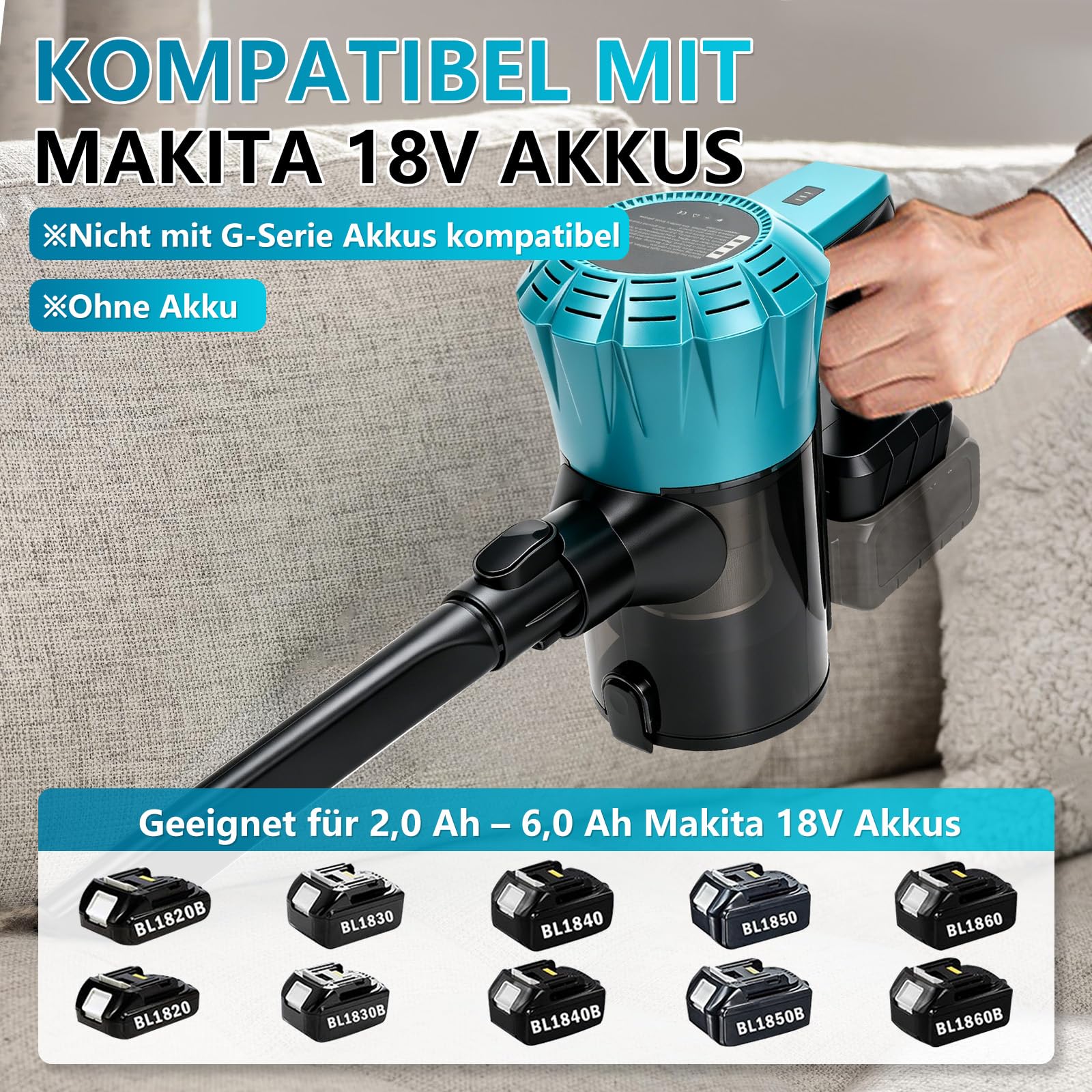 Odkurzacz akumulatorowy do akumulatora Makita 18 V, 150 W, 2-stopniowy, mocny, 16000 Pa, bezprzewodowy odkurzacz ręczny z dużym pojemnikiem na kurz 800 ml, do samochodu, domu (bez akumulatora
