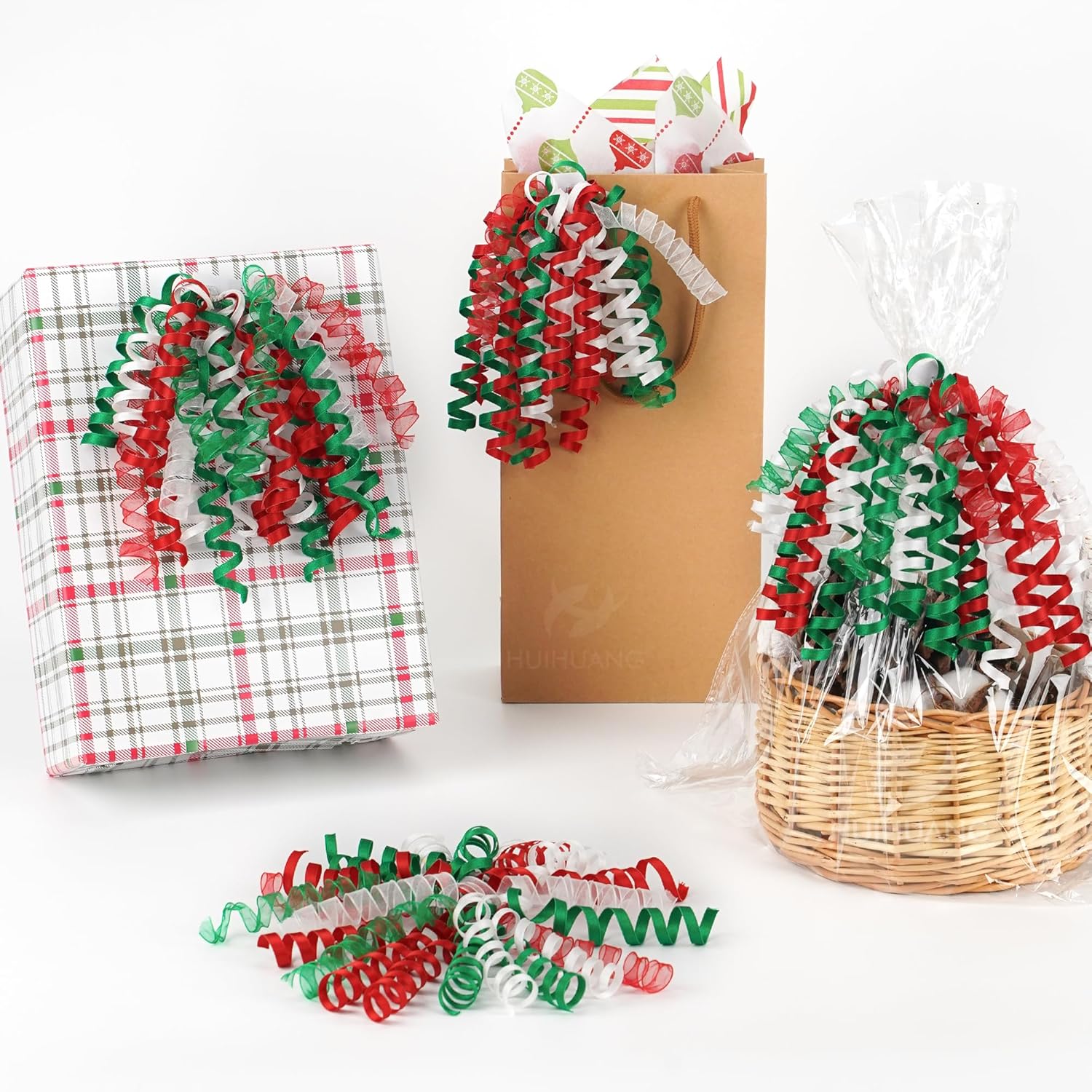 HUIHUANG Christmas Bows for Gift Wrapping Red/White/Green Curly Bows with Self Adhesive & Twist Tie, 7 inch X-mas Ribbon Bow for Presents, Gift Basket, Fall Decor, Party Favors- 6 Counts