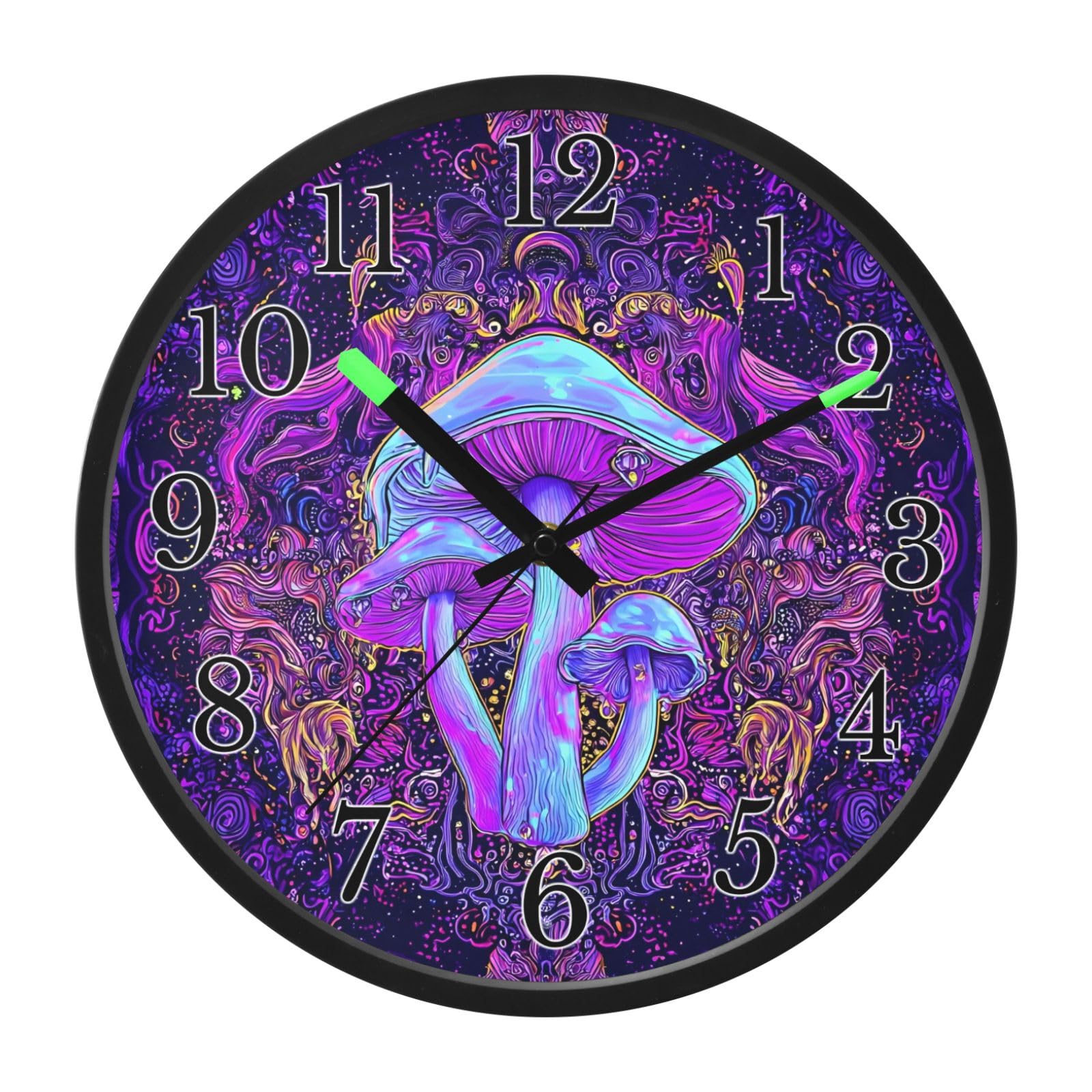 Mnsruu Reloj de pared luminoso, reloj de pared morado con forma de hongo, brilla en la oscuridad, funciona con pilas, 12 pulgadas, silencioso, sin tictac, luz nocturna para dormitorio