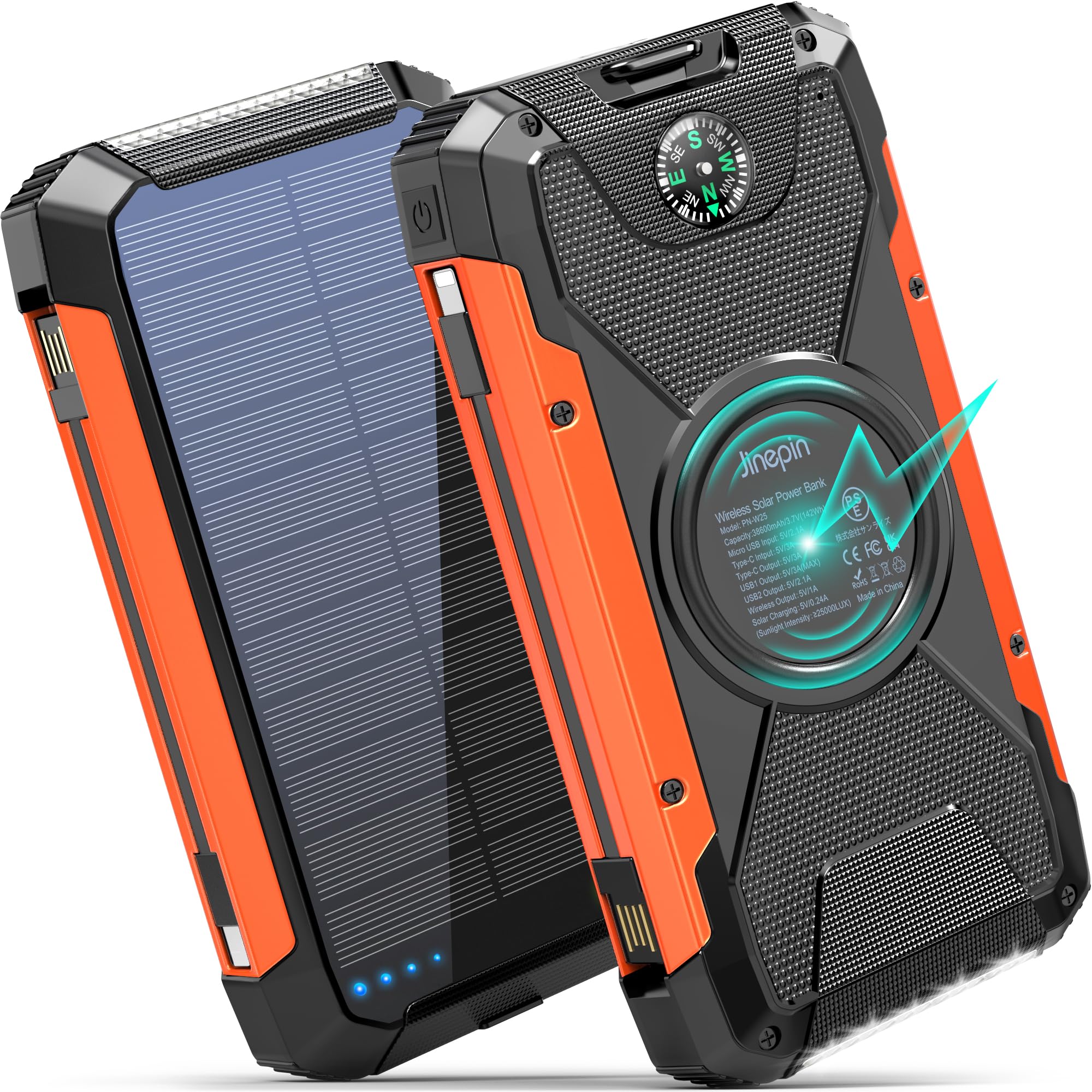 Solar Charger Power Bank -38600mAh Solar Phone Charger Built in 3 Cables Waterproof Outdoor External Battery Pack with