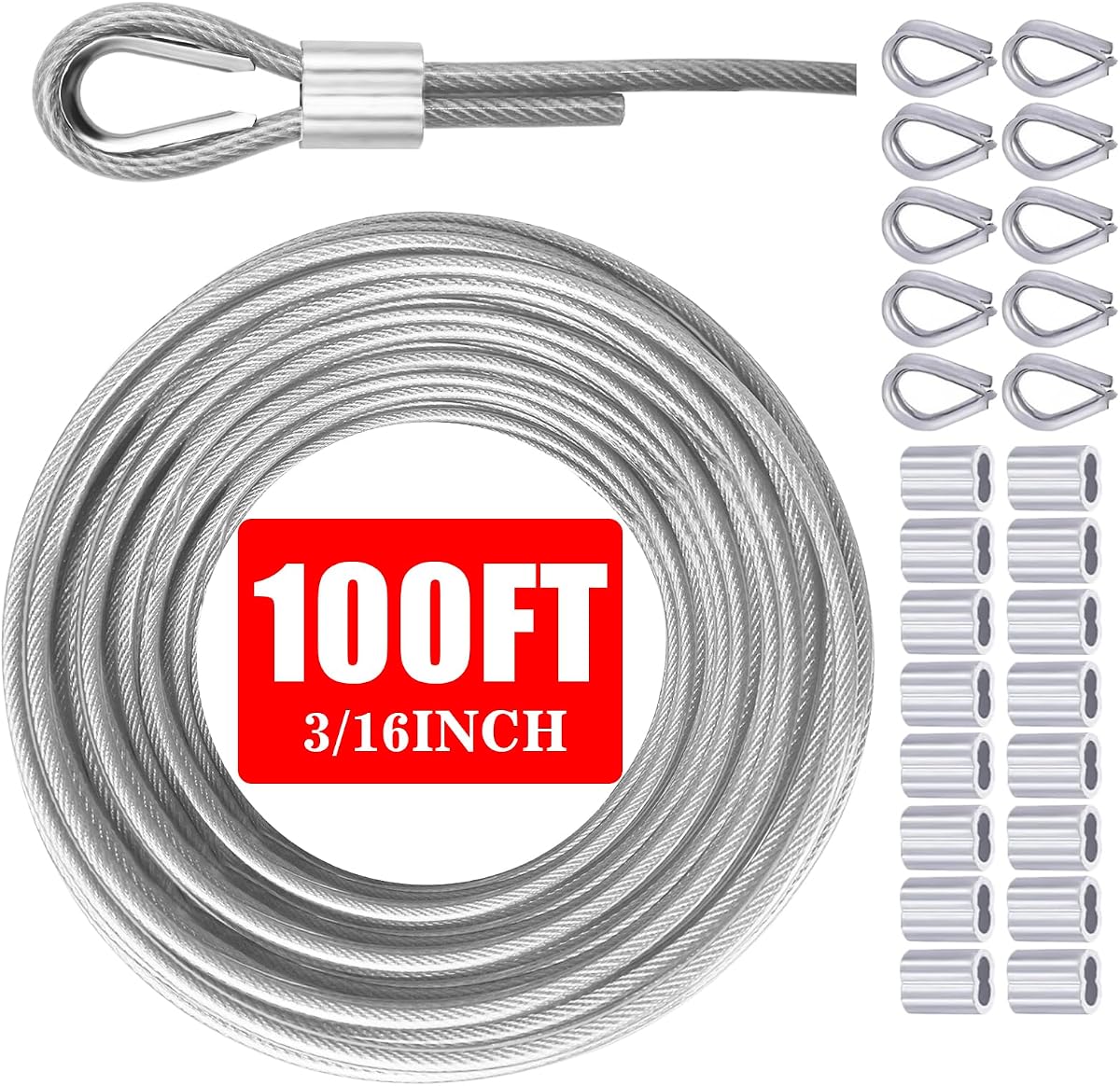 Vinyl Coated Galvanized Steel Wire Rope 3/16" PVC Covered | Steel Cable 50ft/100ft/150ft/200ft, Ideal String Light Hanging Cable