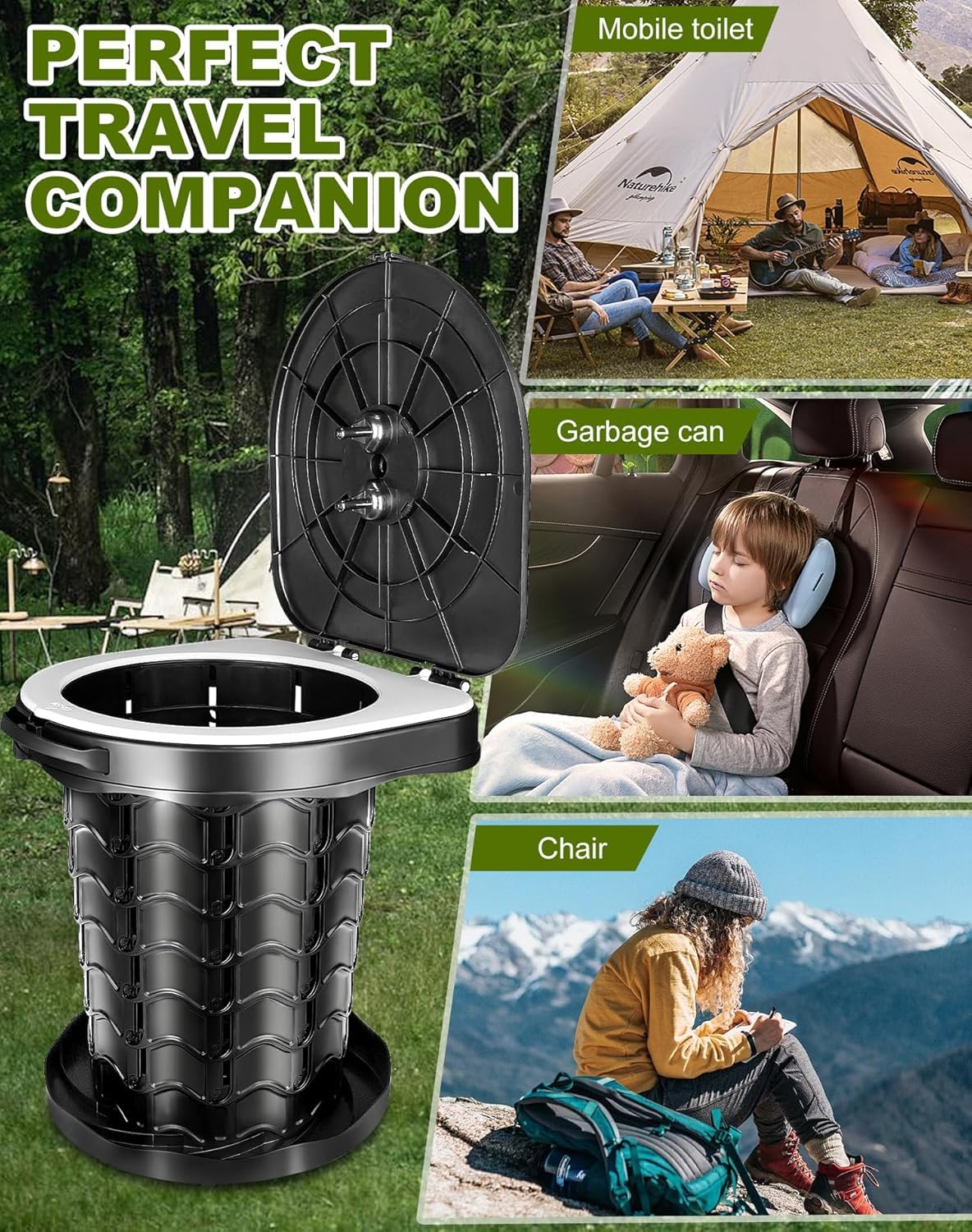 Campingtoilette Faltbar mit Toilettenbeutel, Campingklo mit Deckel, Mobile Toilette Höhe 34cm, Tragbar, Stabil, Max 400 Lbs, für Outdoor-Camping, Grillen, Reisen, Angeln, Strand, Selbstfahren