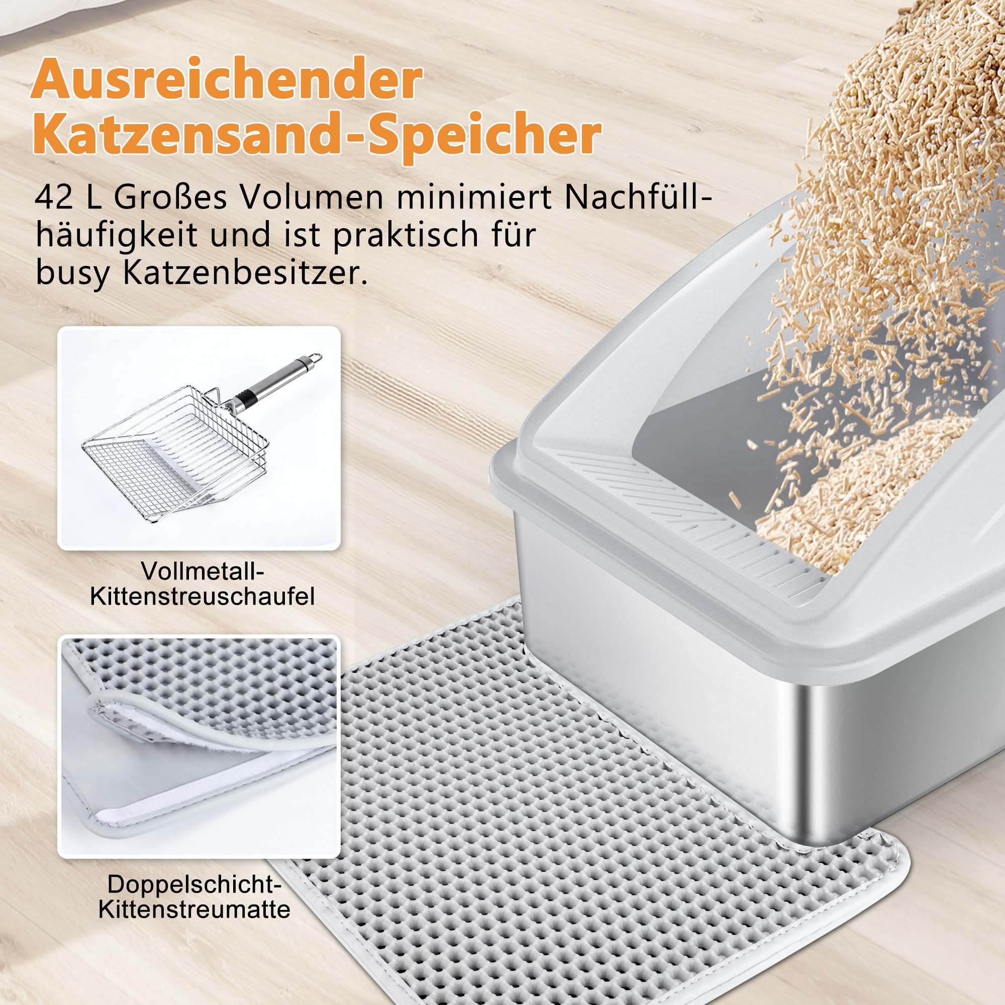 FURTIME Lettiera per gatti in acciaio inox XXL, 42 l, grande capacità, a prova di fuoriuscite, con paletta in metallo, 60 x 40 x 36 cm (grigio argento)