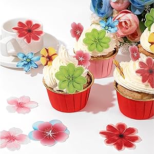 YOcity 70Pcs Edible Flowers Cake Toppers Cupcake Topper Luau Hawaii Flowers Wafer Paper Flower Cake Decorations for Wedding Birthday Baby Shower Party Supplies Mixed Size & Colour