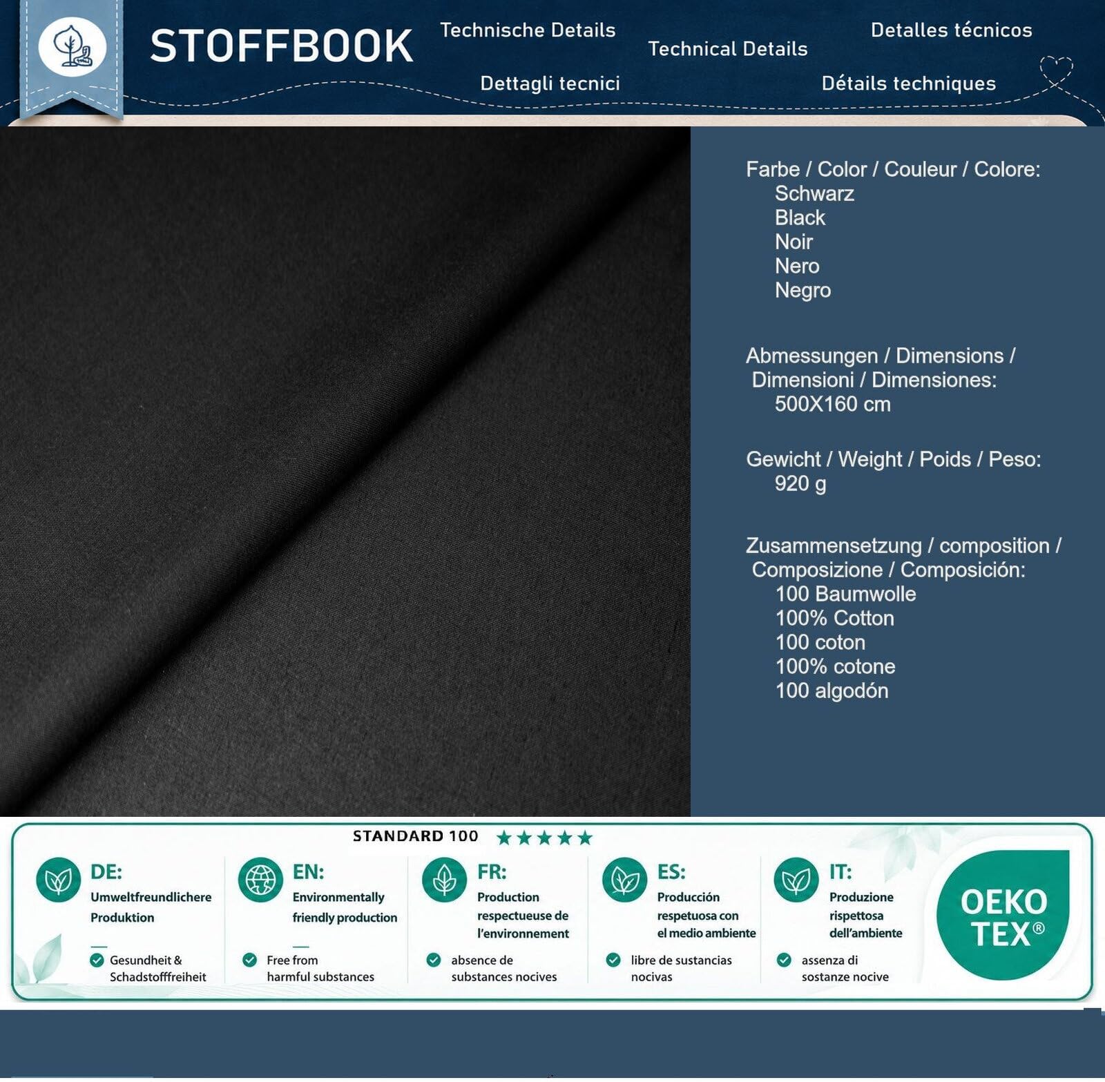 StoffBook czarny Öko-Tex tkanina bawełniana, 100%, chłonny materiał do szycia dla dzieci, firanki, zasłony, ubrania i tekstylia domowe, czyste płótno bawełniane, materiał do szycia, e682