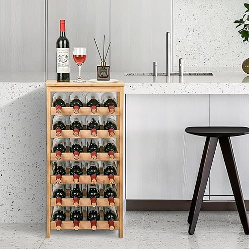 Miniatura 3 de VASMIA Estante de vino de pie independiente, estantes de almacenamiento de vino de 6 niveles con mesa, estante de bambú para 24 botellas para