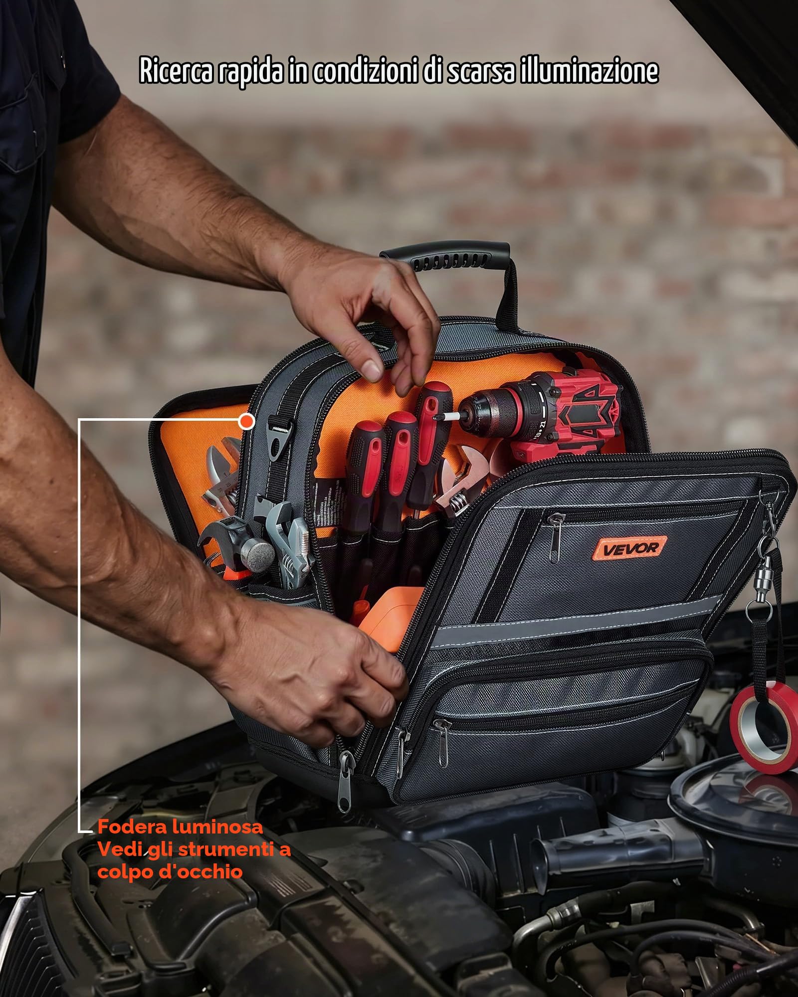 VEVOR Borsa Portautensili 335mm, 34 Tasche, Organizer Portatile per Attrezzi con Base Rigida in Plastica, Ampia Apertura a Cerniera, Tracolla Regolabile, Resistente all'Acqua, per Fai da Te e Cantiere