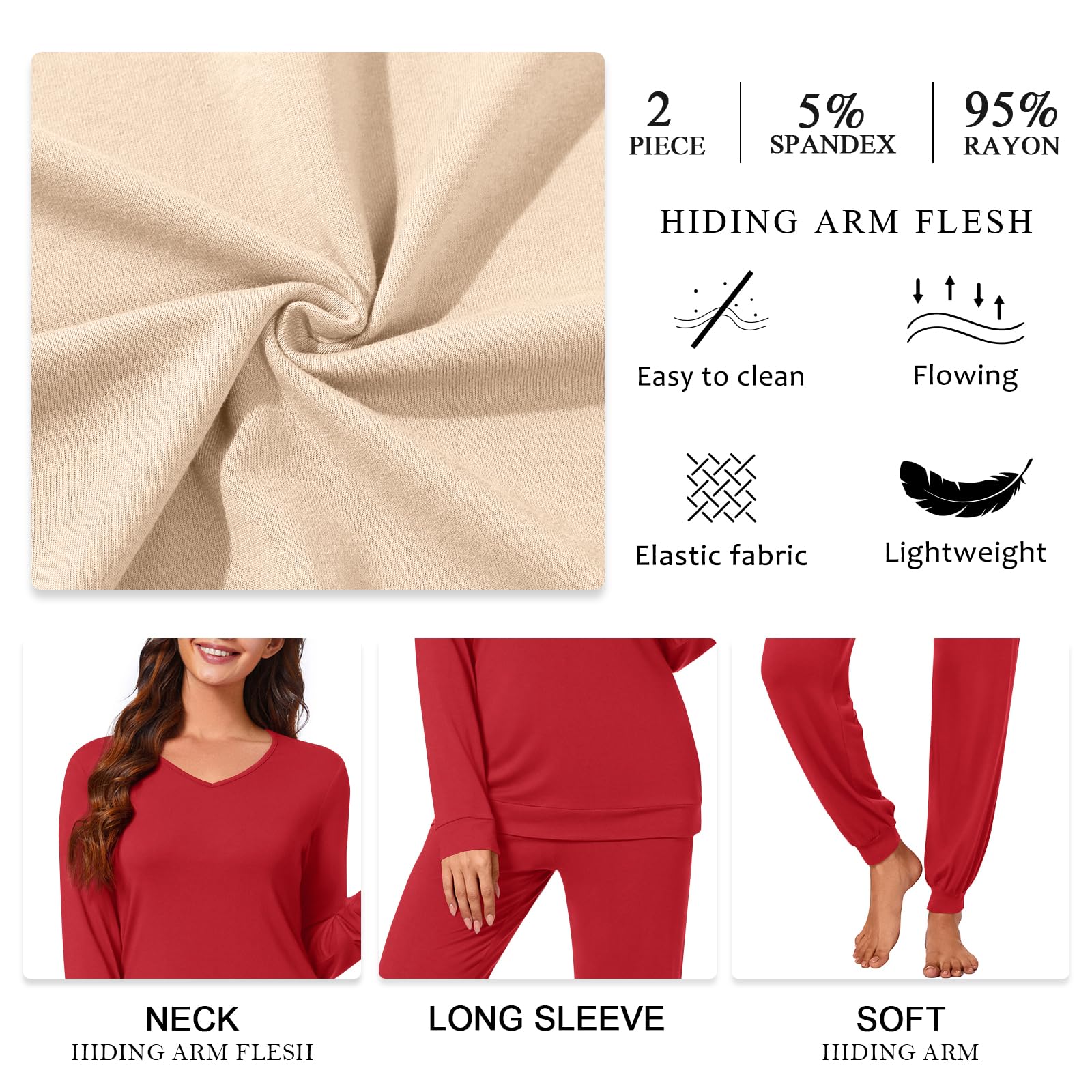 syoss Conjunto de pijama de manga larga para mujer, ropa de dormir con cuello en V, ropa de dormir suave, conjunto de 2 piezas con bolsillos