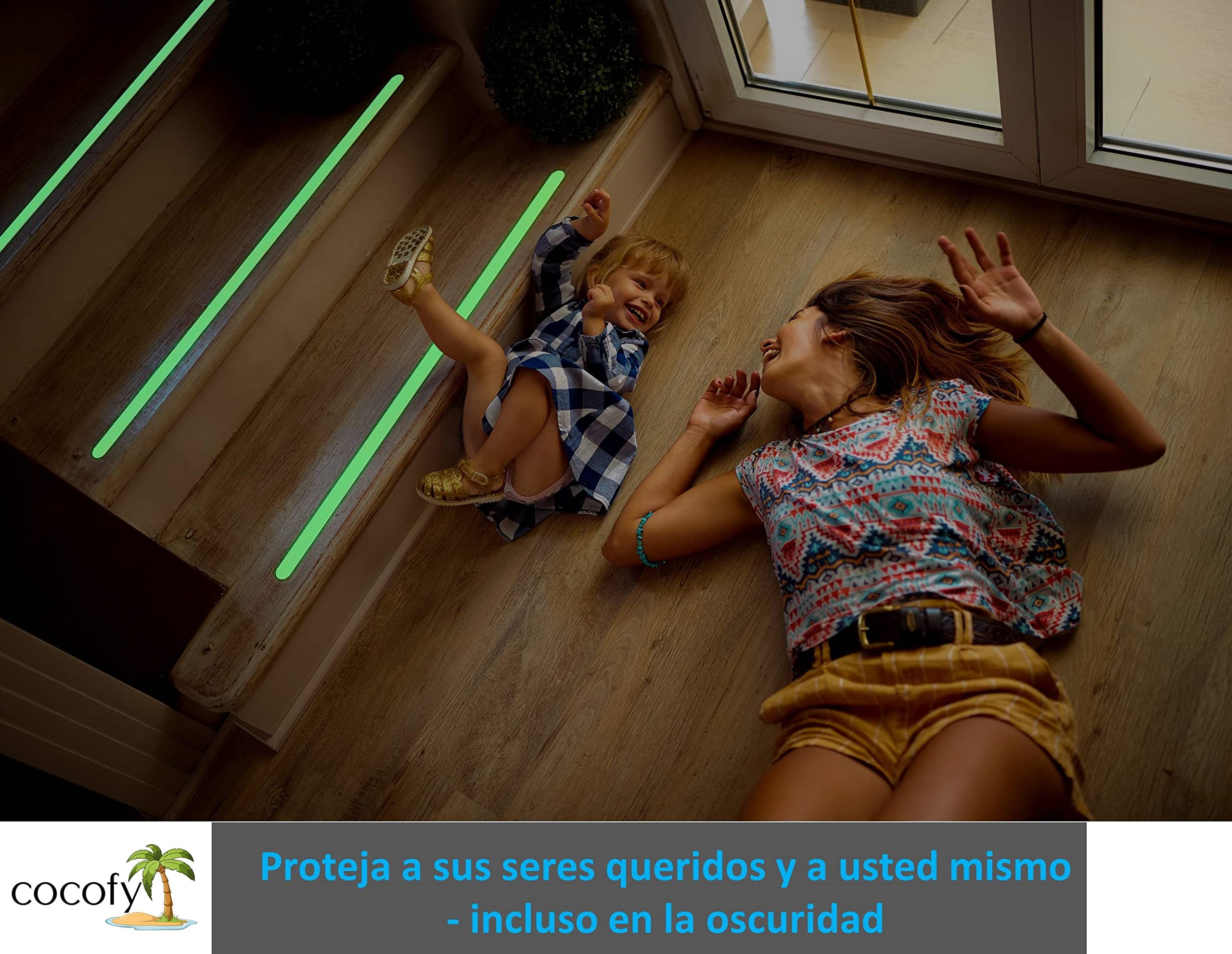 Cinta adhesiva fluorescente antideslizante cocofy para escaleras, Cinta adhesiva fotoluminiscente, XXL (90x3 cm), para peldaños de escaleras de interior - 18-Pack [2021 Lanzamiento]