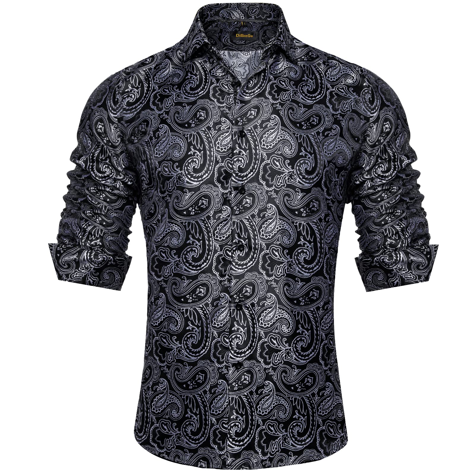 DiBanGu Mens Silk Paisley Dress Shirts Casual Jacquard Long Sleeve Button Down Shirt with Collar Pin Wedding Party