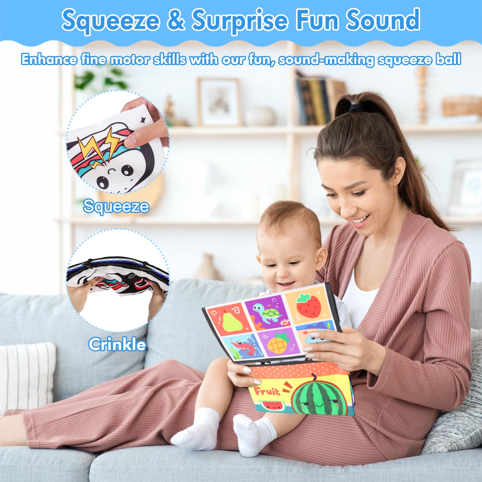 BEBOAN Baby Tummy Time Mirror Toy, High Contrast Baby Mirror Sensory Toys with Teether & Crinkle Cloth Book - Image 4