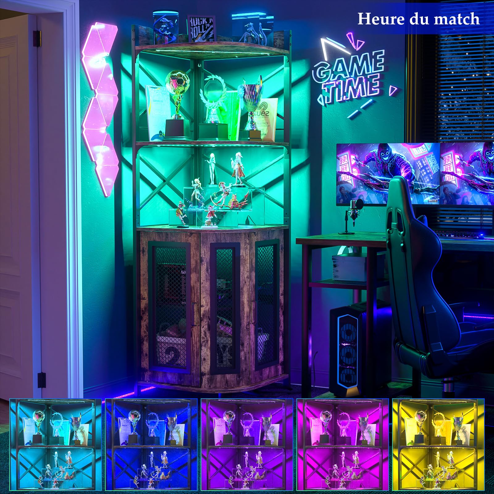 iSunirm Meuble Bar d'angle avec Prise électrique, Meuble à vin Industriel avec Bande LED et Porte-Verres, à liqueurs à 5 Niveaux pour la Maison, vitrine d'angle pour Petits espaces, Marron