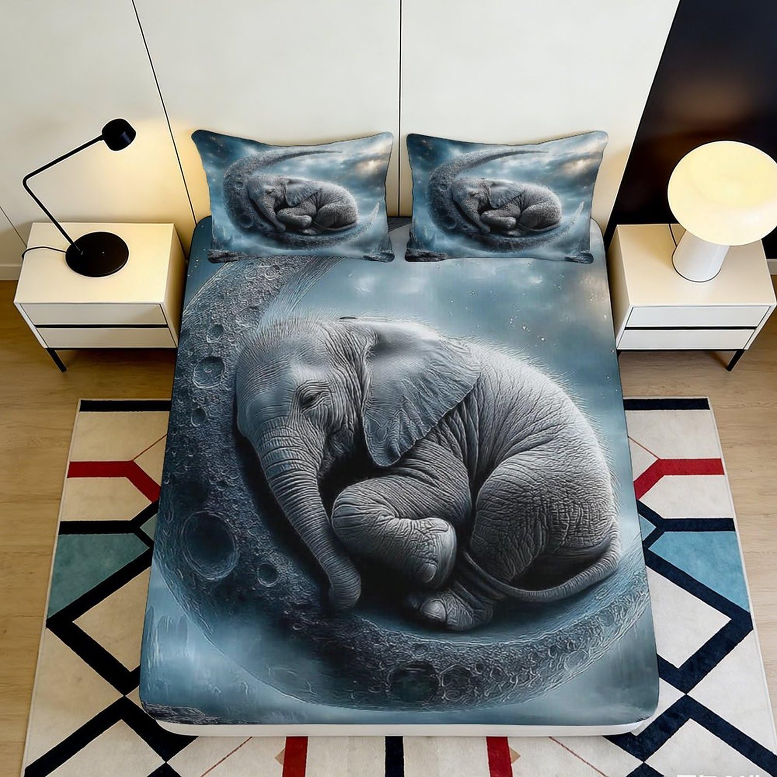 Pnayamiorkfel Style-7 3D Printed Sleeping Elephant Fitted Sheet Microfiber Soft Breathable Moon Bed Cover For Bedroom Guest Room Decor 90X200x25cm