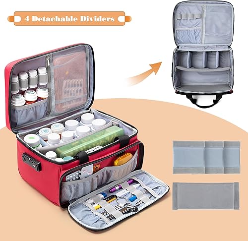 Miniatura 3 de CURMIO Organizador de botellas de píldoras, bolsa de medicina con cerradura para biberones recetados y botiquines de primeros auxilios, color rojo