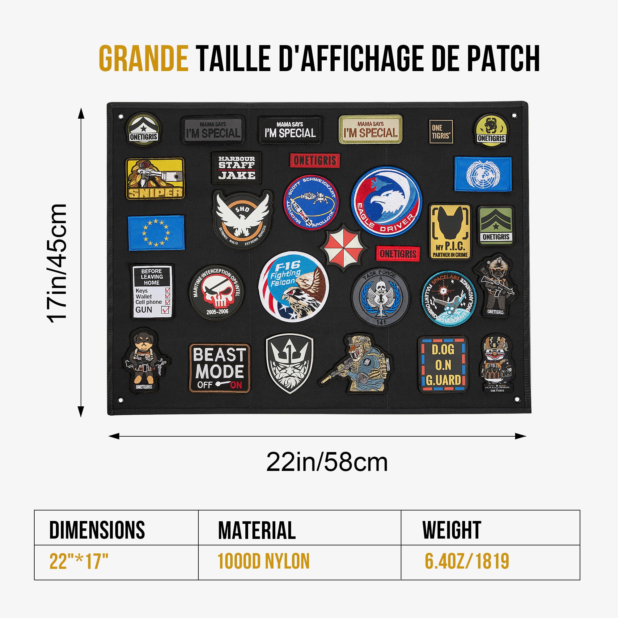 Panneau Tactique FAELNK – 108 X 70 Cm – Tissu Oxford 1000D – Noir – Pliable – Crochet Et Boucle – Pour Patchs Militaires
