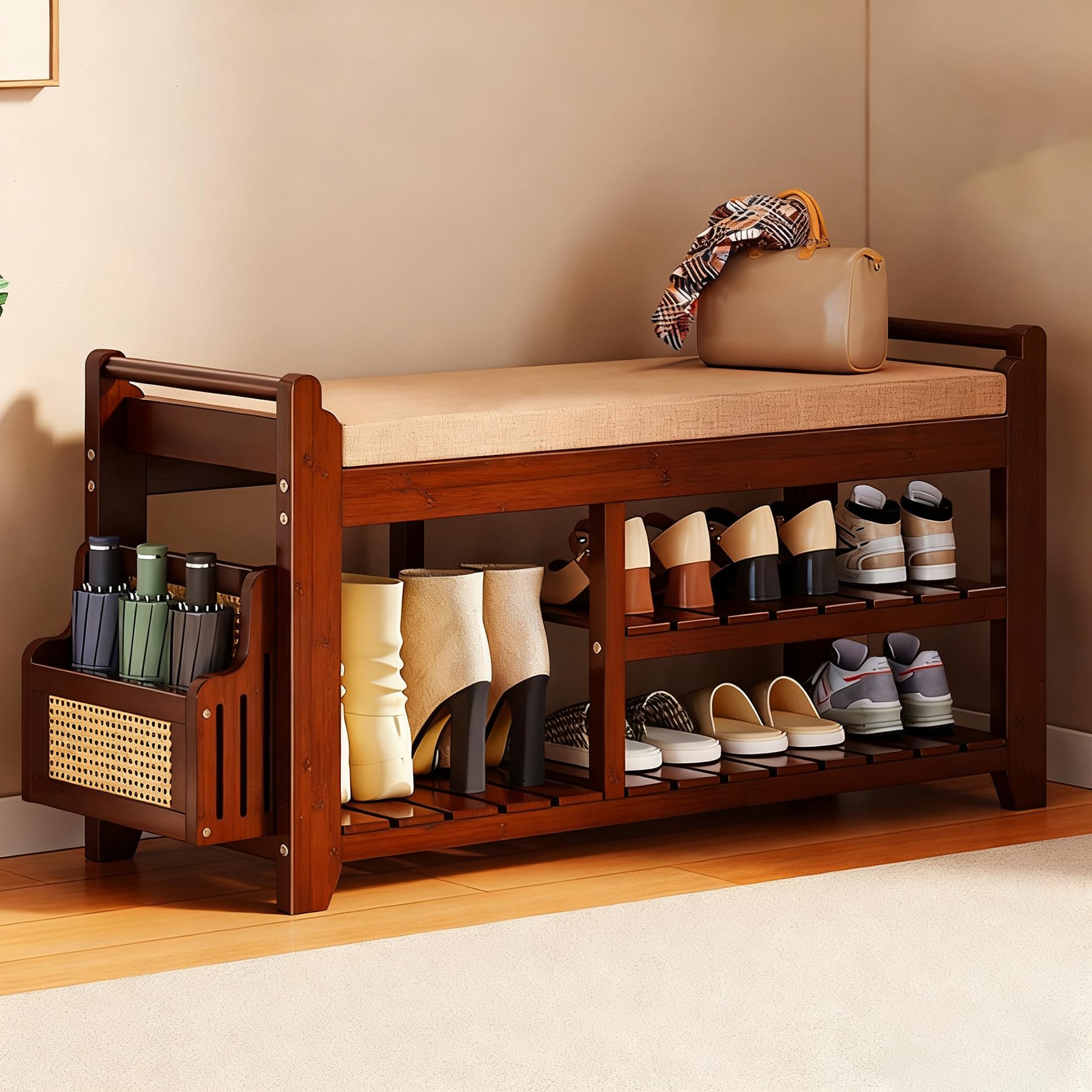 Banc a chaussures gain de place avec coussin de rangement