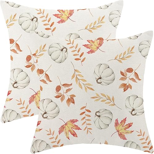 Juego de 2 fundas de almohada de otoño de 22 x 22 pulgadas, diseño de calabaza y hoja de arce, fundas de almohada decorativas de lino para otoño,