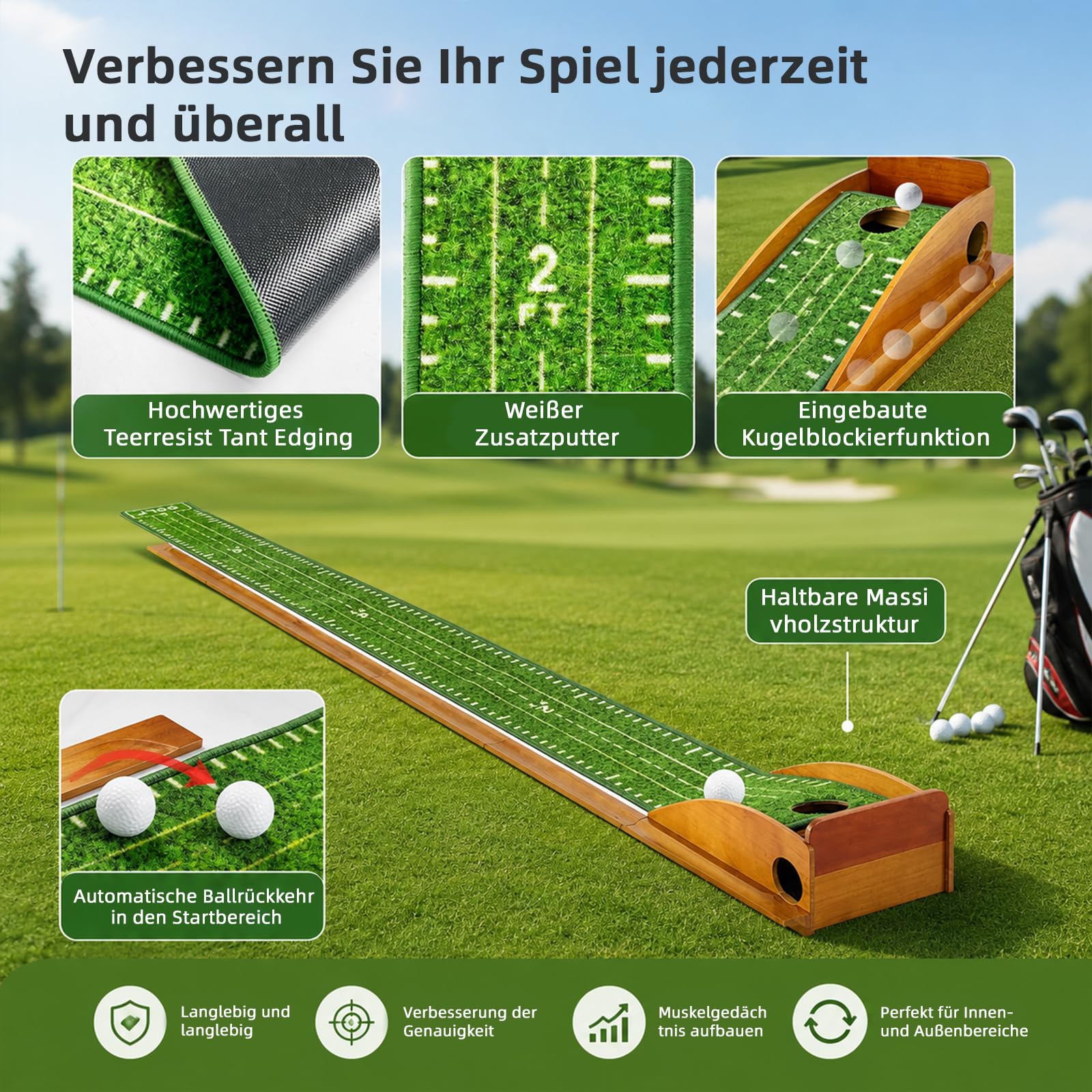 Golf Puttingmatte aus Holz, Minigolf Set für zu Hause, Indoor Putting Green mit Ballrückführung & Anti-Rutsch, 255x25cm Golf Trainingsmatte für Zuhause & Büro