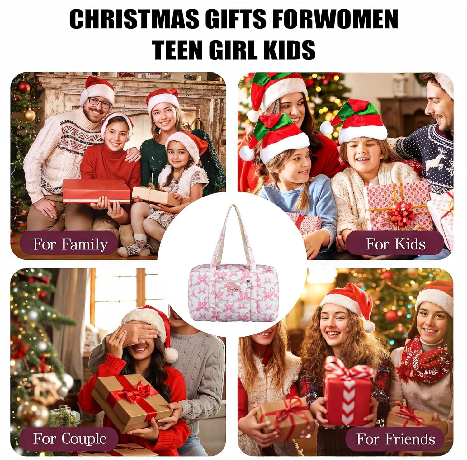 Coquette Bag with Bow Keychain White Pink Floral Travel Duffel Bag for Women Cute Quilted Puffer Bags Shoulder Purse Carry on Bags for Travel Family Trip Christmas Gifts (Pink Bow) - Image 6