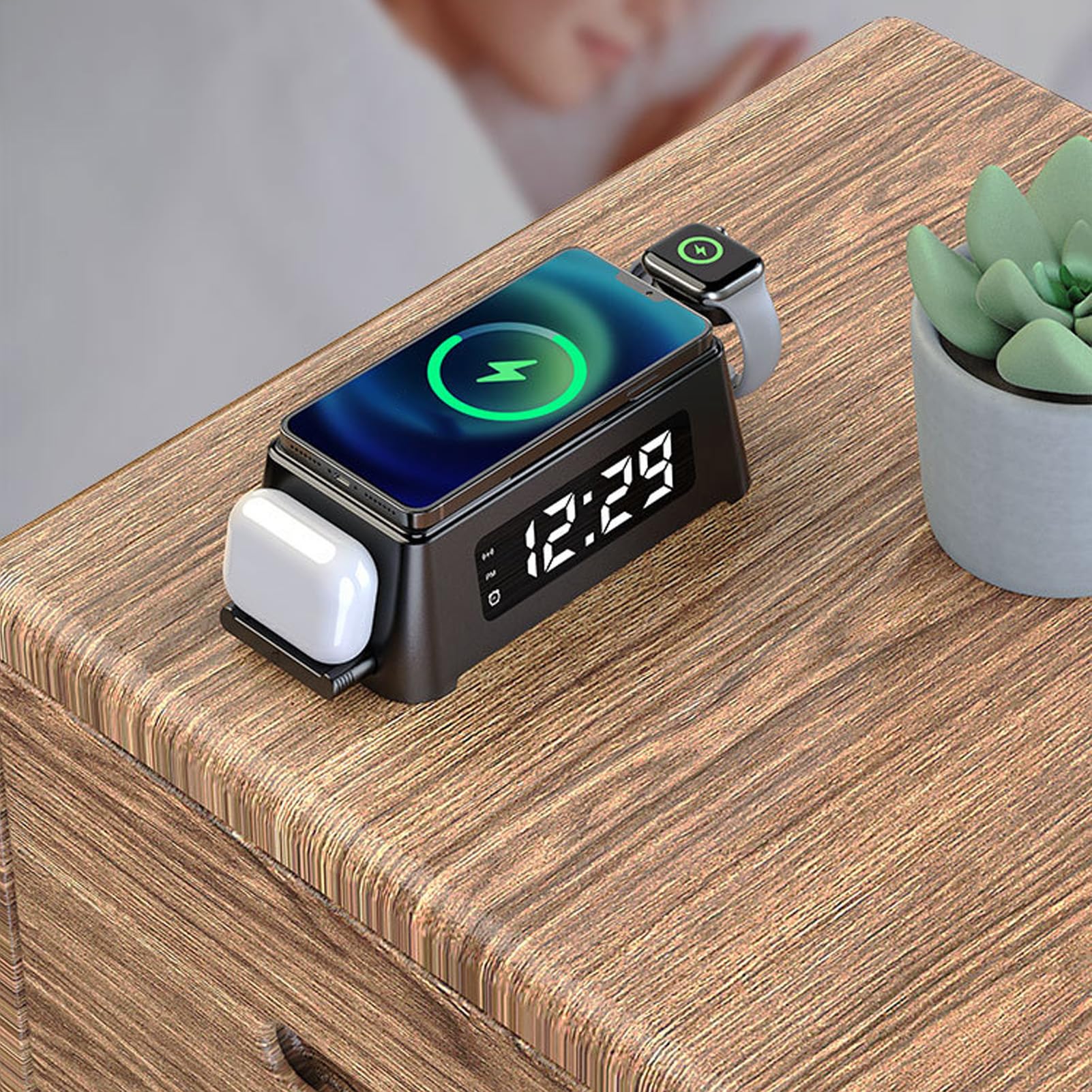 Bezprzewodowa ładowarka 3 w 1, Budzik z Wyświetlaczem Temperatury, Bezprzewodowa Stacja ładująca do Słuchawek Dousznych do Telefonu, Smartwatch