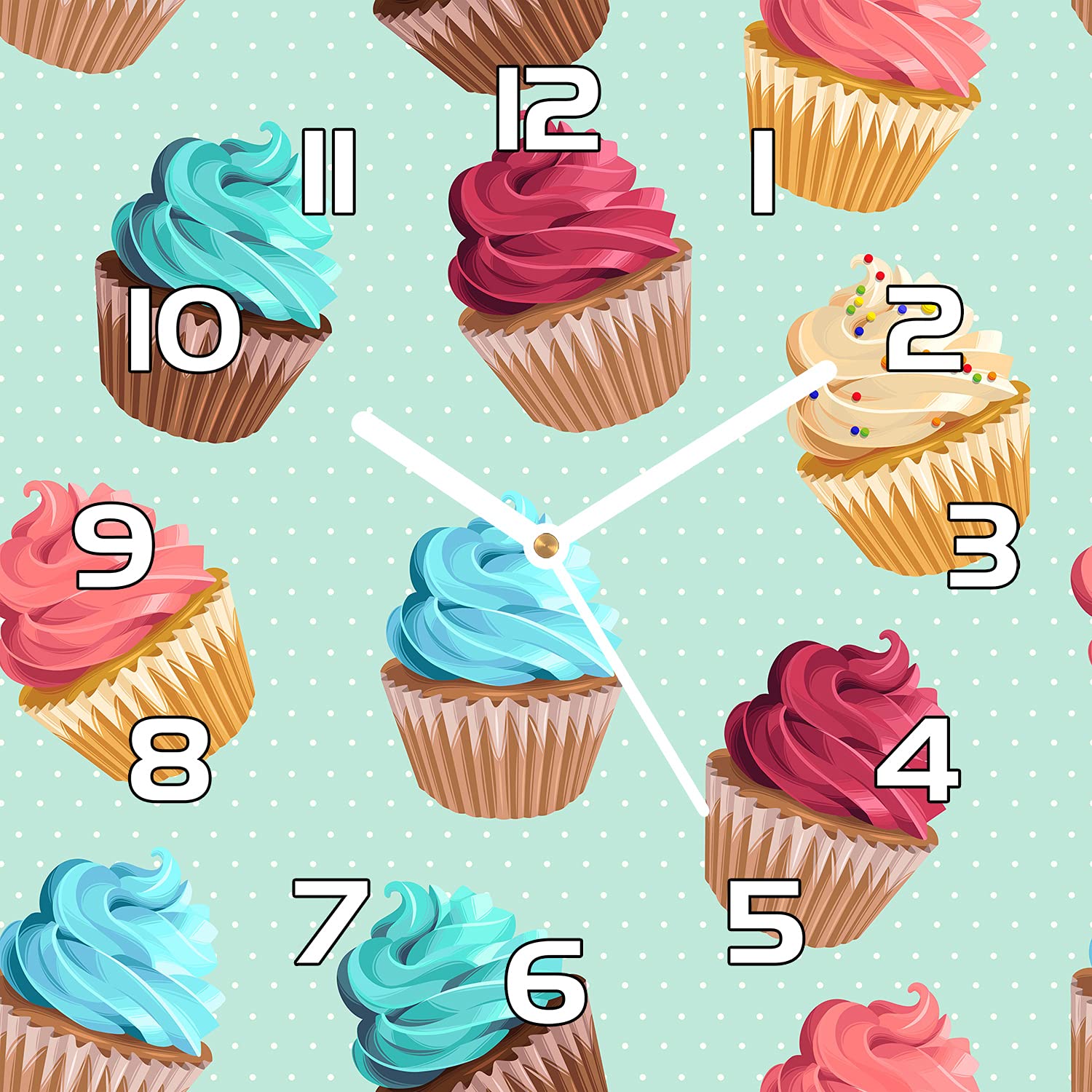 Horloge en verre 30x30 cm Coloray Cupcakeslarge aiguilles blanches