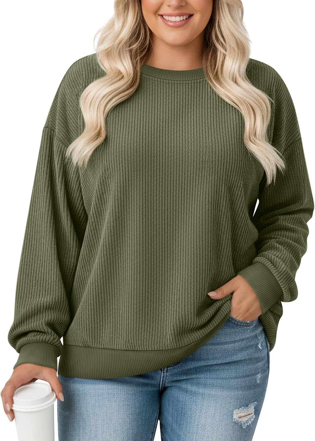 Velvelhall Women's Plus Size Sweatshirts Oversized Corduroy Long Sleeve Crew Neck Pullover Sweat Shirts Casual Loose Fit Tops