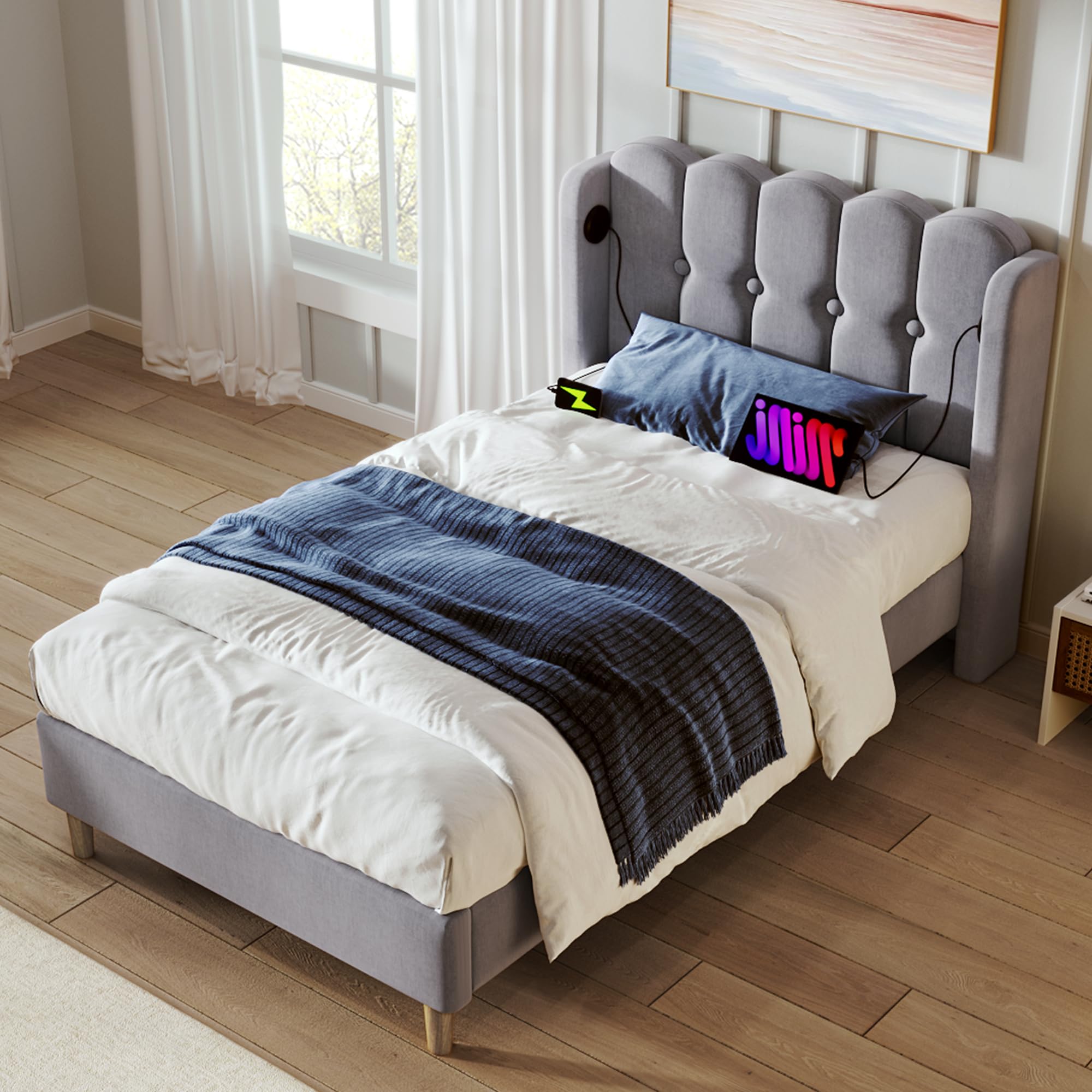 Merax Single bed frame, 3ft Single Upholstered Bed, USB and Type-C Charging, Sturdy Wooden Slat Support, Linen Fabric (No Mattress), Grey+Linen/90CM*190CM โ image 1