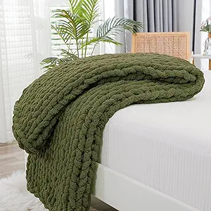 Bigacogo Chunky Knit Throw Blanket for Couch, 40x40 inches, 100% Hand Knitted with Thick Jumbo Chenille Yarn, Cozy Soft Large Rope Knot Cable Crochet Blankets for Sofa Bed Living Room, Yellow Green
