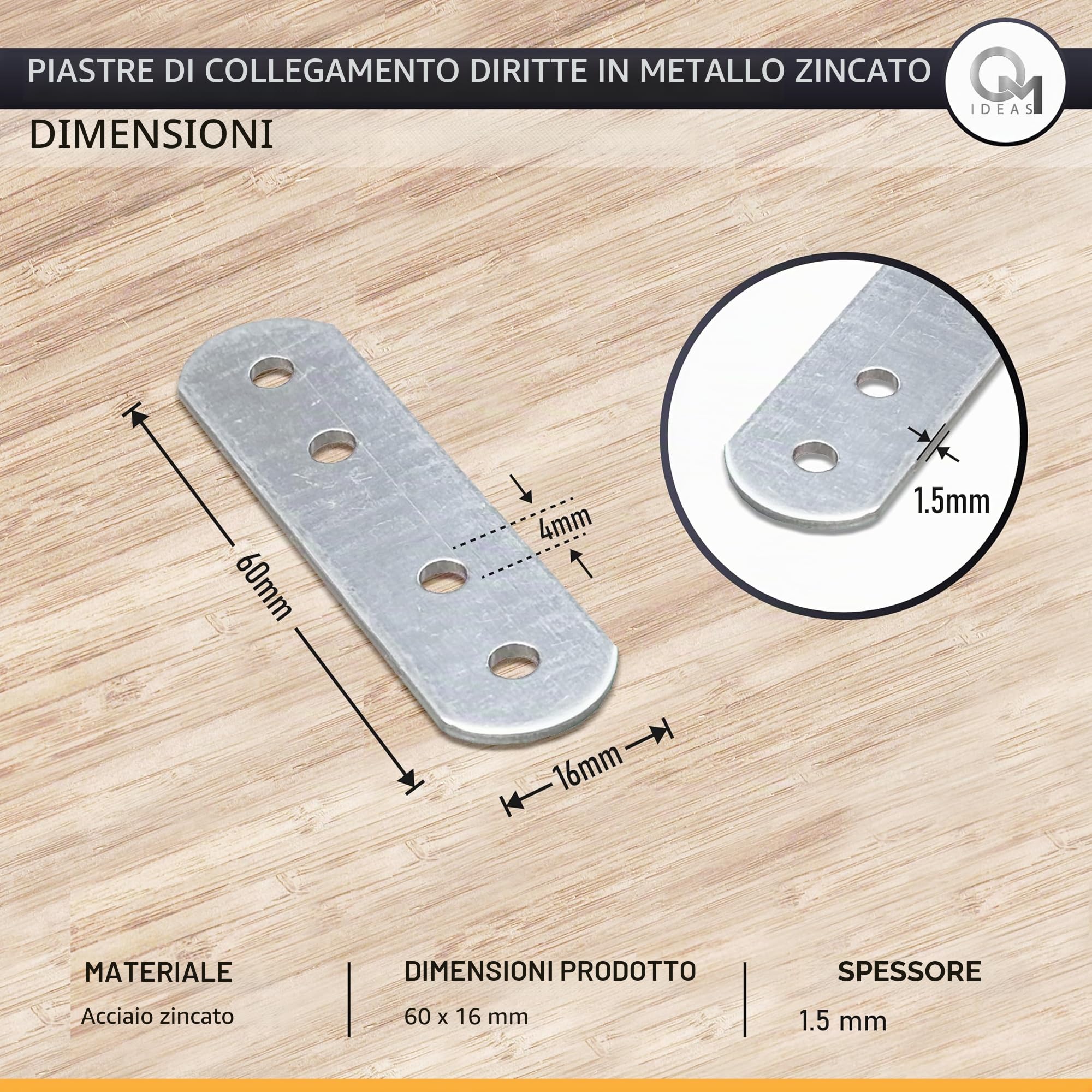 20 x Piastre di giunzione per riparazione ( 60 x 16 x 1.5 ) Connettore di fissaggio per mobili in legno, Zincato Argento