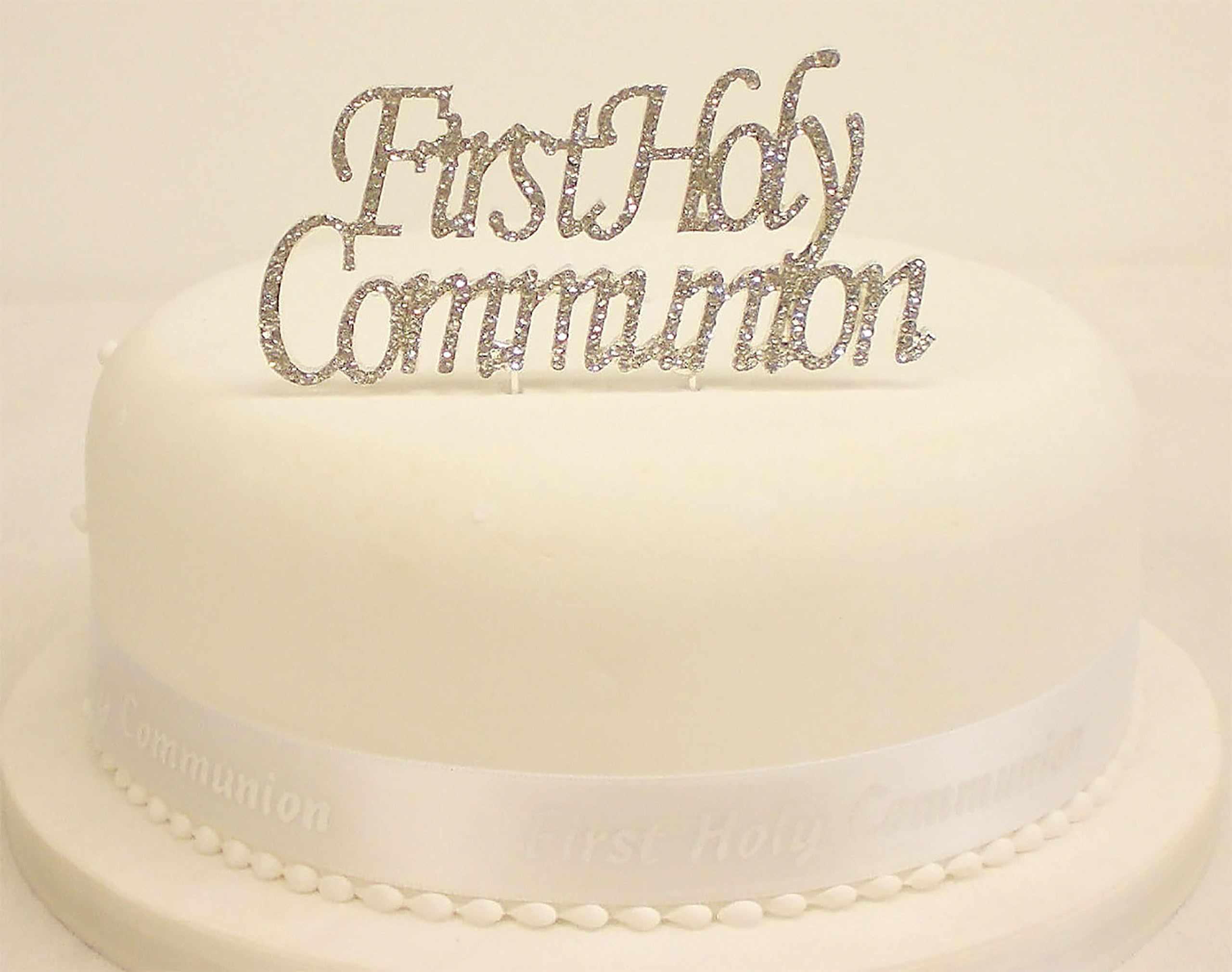 First Holy Communion Reusable Cake Topper | Shiny Crystal Clear Rhinestone with Silver Alloy Metal Pick |1st Holy Communion, Religious Baptism, Catholic and Christening for Boy or Girl Cake Decoration