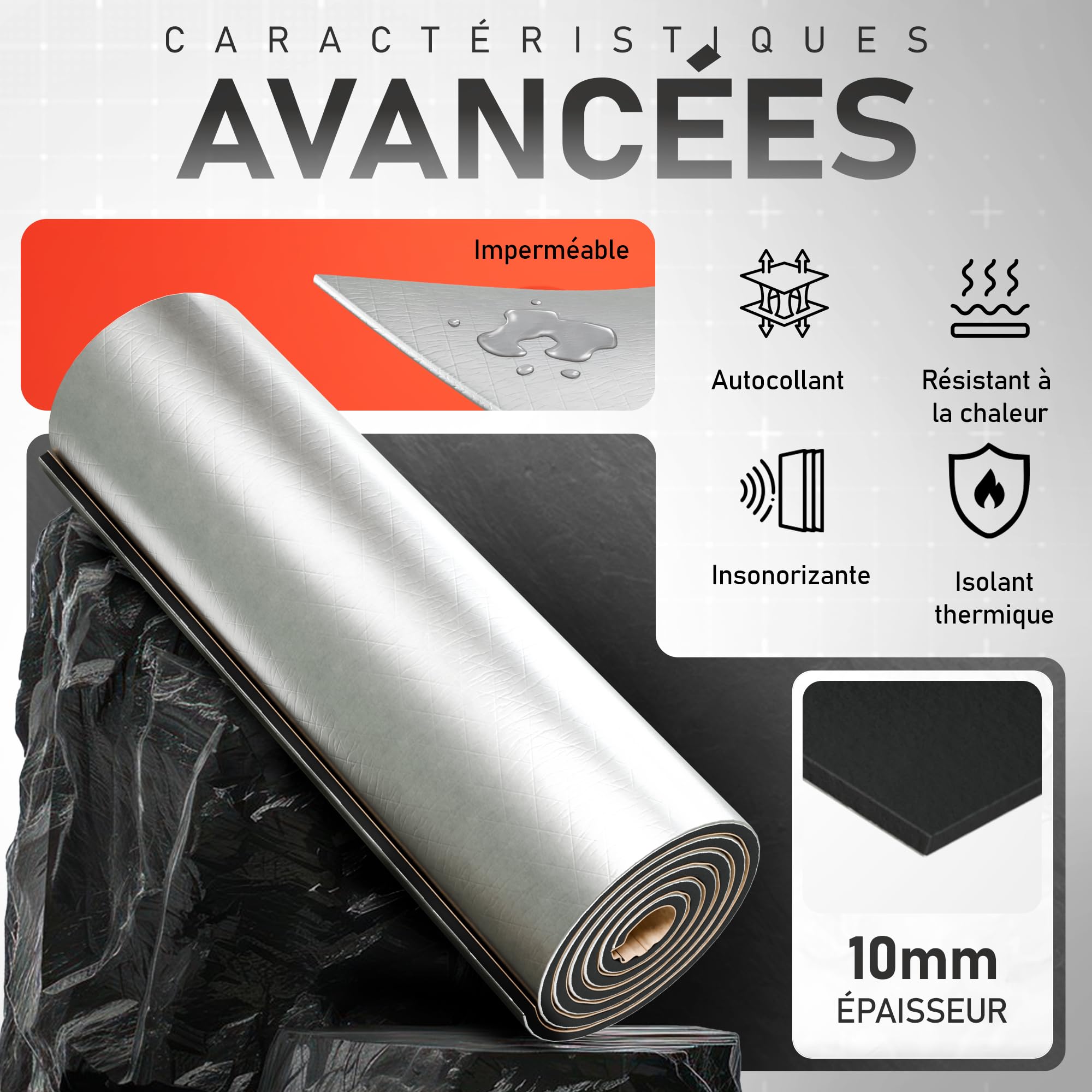 Isolation Phonique Voiture Autocollant 250 x 50 cm - Épaisseur 10 mm | Isolant Thermique Voiture | Parfait pour Voitures, Vans et Campers | Température Maximale 110 °C / Minimale -50 °C