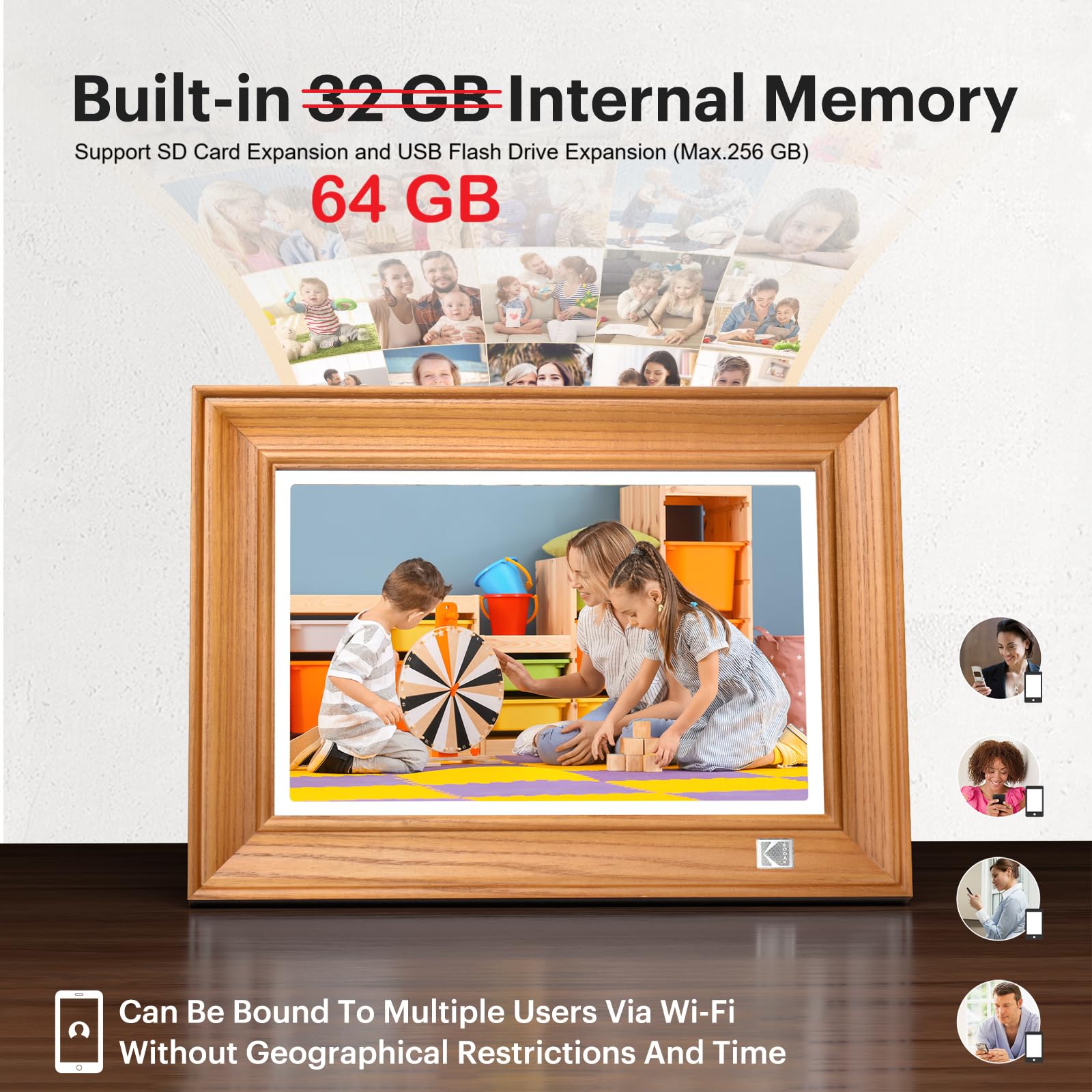 KODAK Cadre Photo Numérique WiFi Cadre Numérique Photo 10 pouces, FHD 1920*1200 Écran Tactile, Cadre Photo Électronique avec Mémoire de 64Go, Rotation Automatique, Partage d'images et Vidéos via App