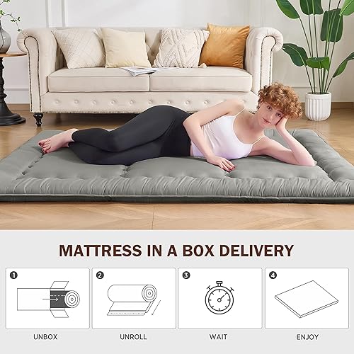 Miniatura 6 de Colchón tipo futón japonés 25D, tamaño matrimonial de 54 x 80 pulgadas, 4 pulgadas de grosor, plegable, tapete de cama enrollable diseñado por