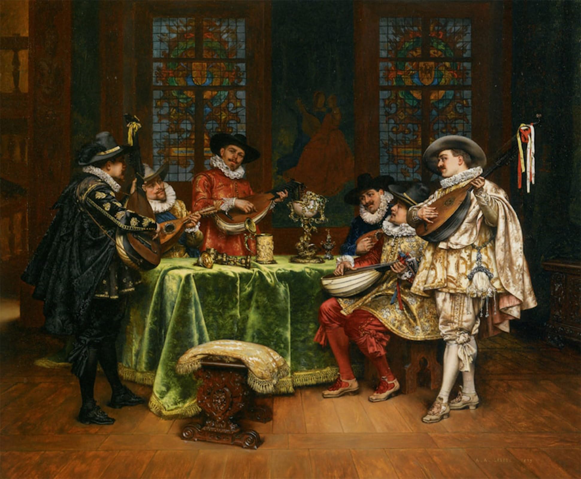 POSTERIIk Vintage Classic Picture Landscape Artwork Interior with Troubadours by Adolphe Alexandre Lesrel Portrait Canvas Painting for Office Home Decor 60x90cm