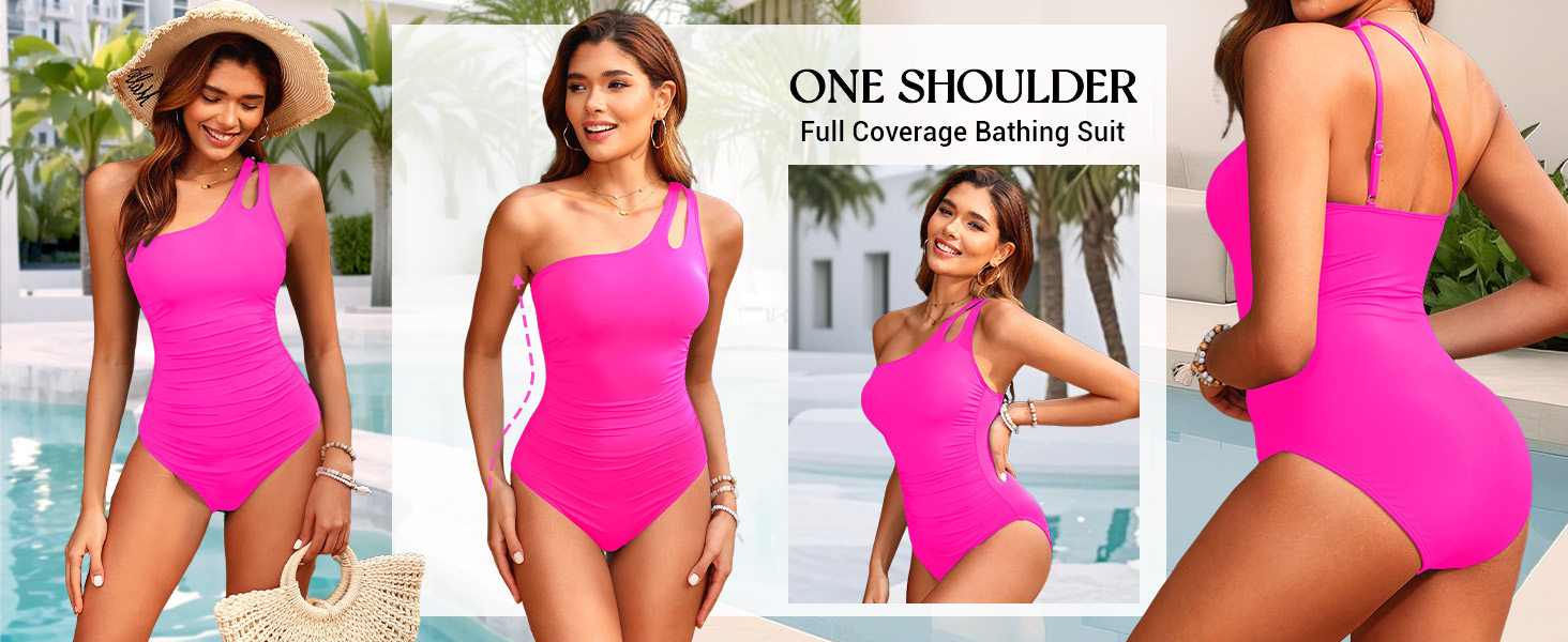 Holipick One Shoulder One Piece Swimsuit for Women Tummy Control