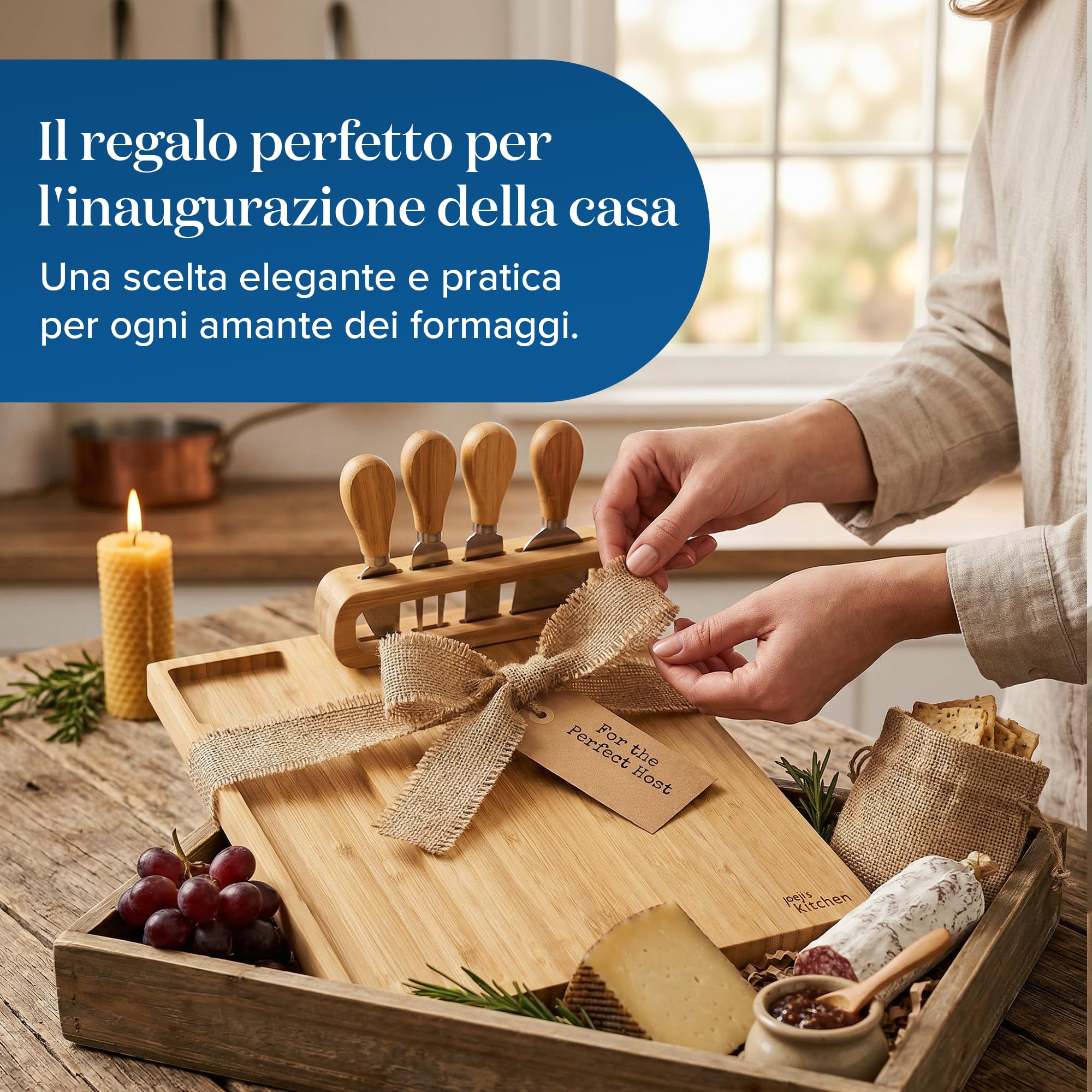 joeji's Kitchen Tagliere per Formaggi Aperitivo in Legno di Bambù - Set formaggio e coltelli con Quattro Utensili - Regali di Natale, regali di inaugurazione della casa, regali di anniversario